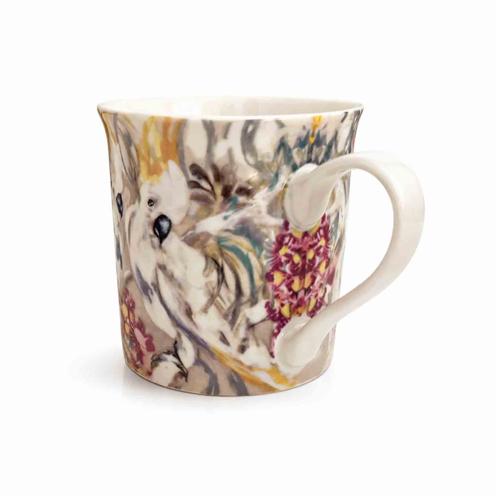Artistic Cockatoo & Gum mug in glossy new bone china showing vibrant Australian wildlife design