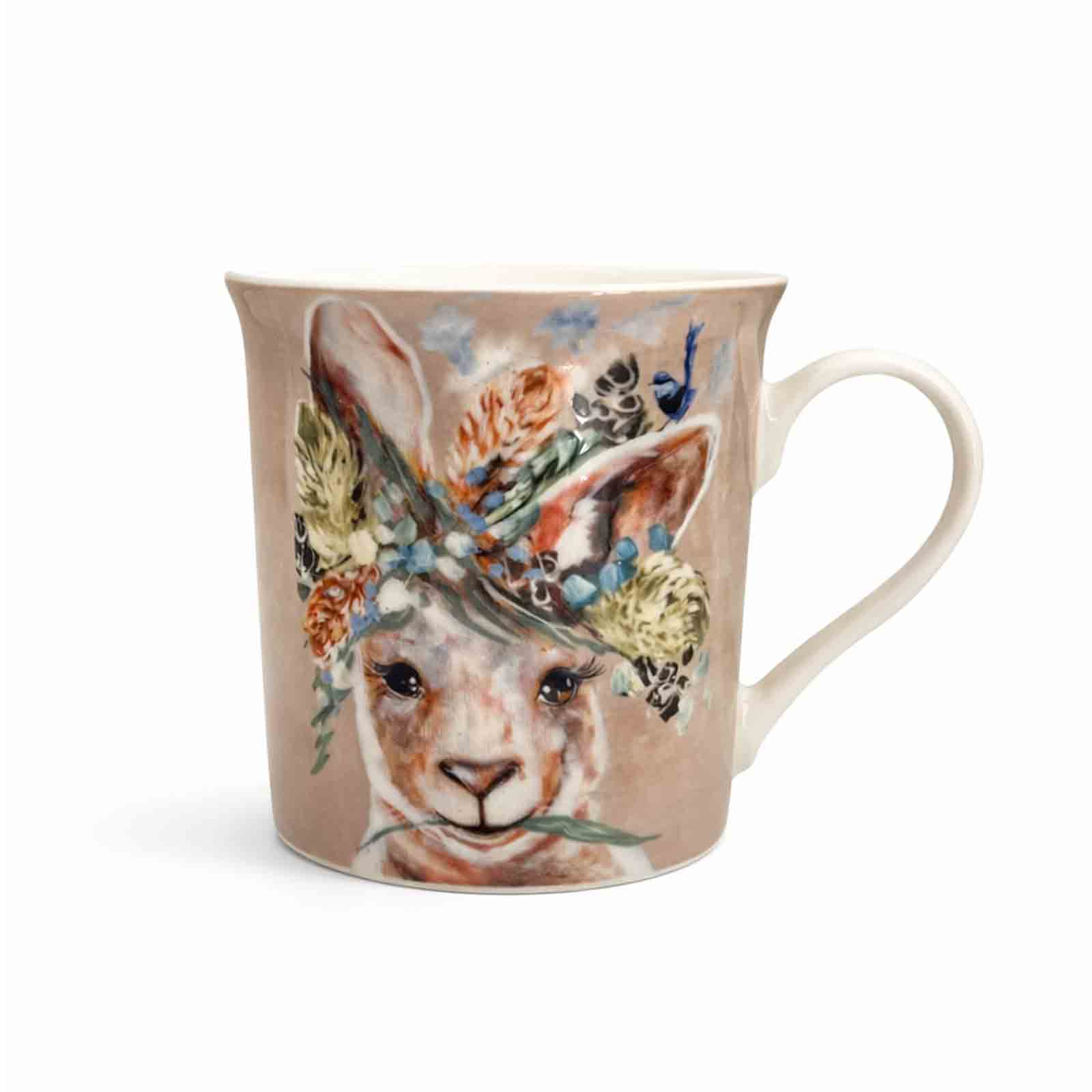 Kangaroo and Wren 300ml New Bone China mug featuring Amanda Brooks’ wildlife artwork on a beige background.