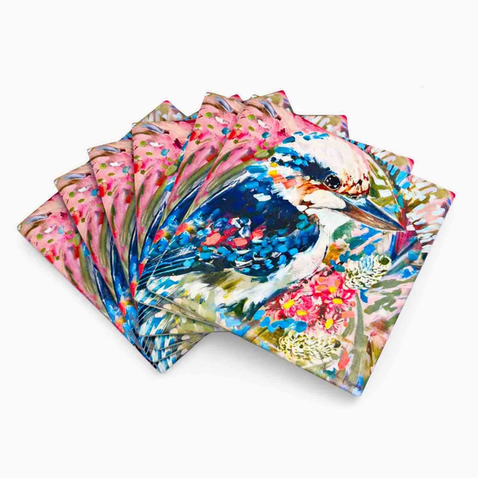 Tropical Kookaburra & Wattle dolomite stone coaster by Australian artist Amanda Brooks