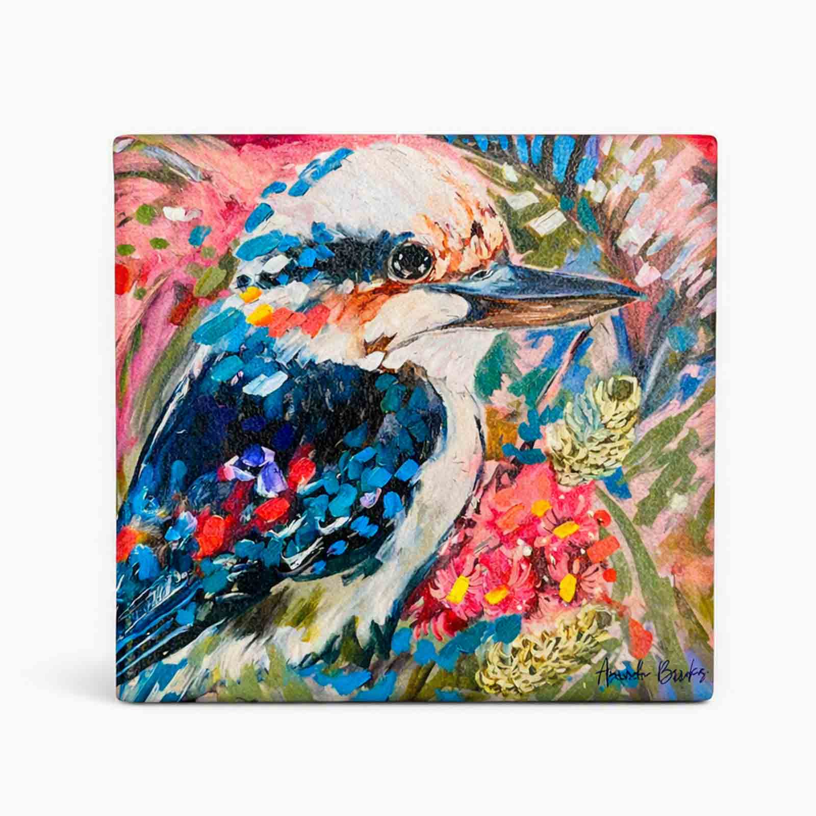 Tropical Kookaburra & Wattle dolomite stone coaster by Australian artist Amanda Brooks