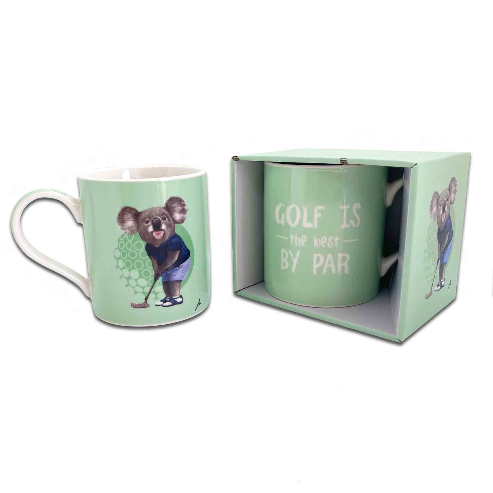 Green mug with a koala design and &