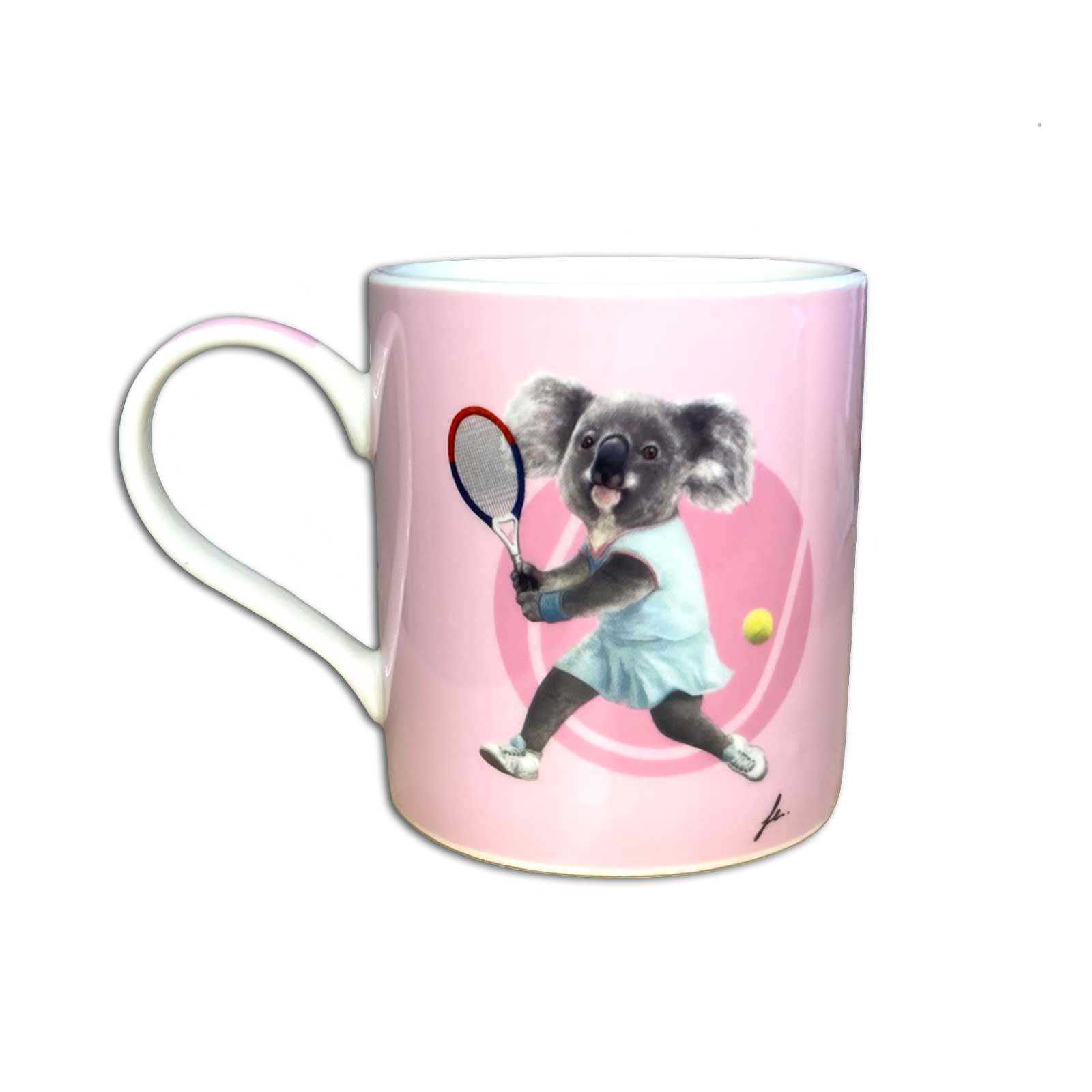 Mug with a koala playing tennis design on a pink background
