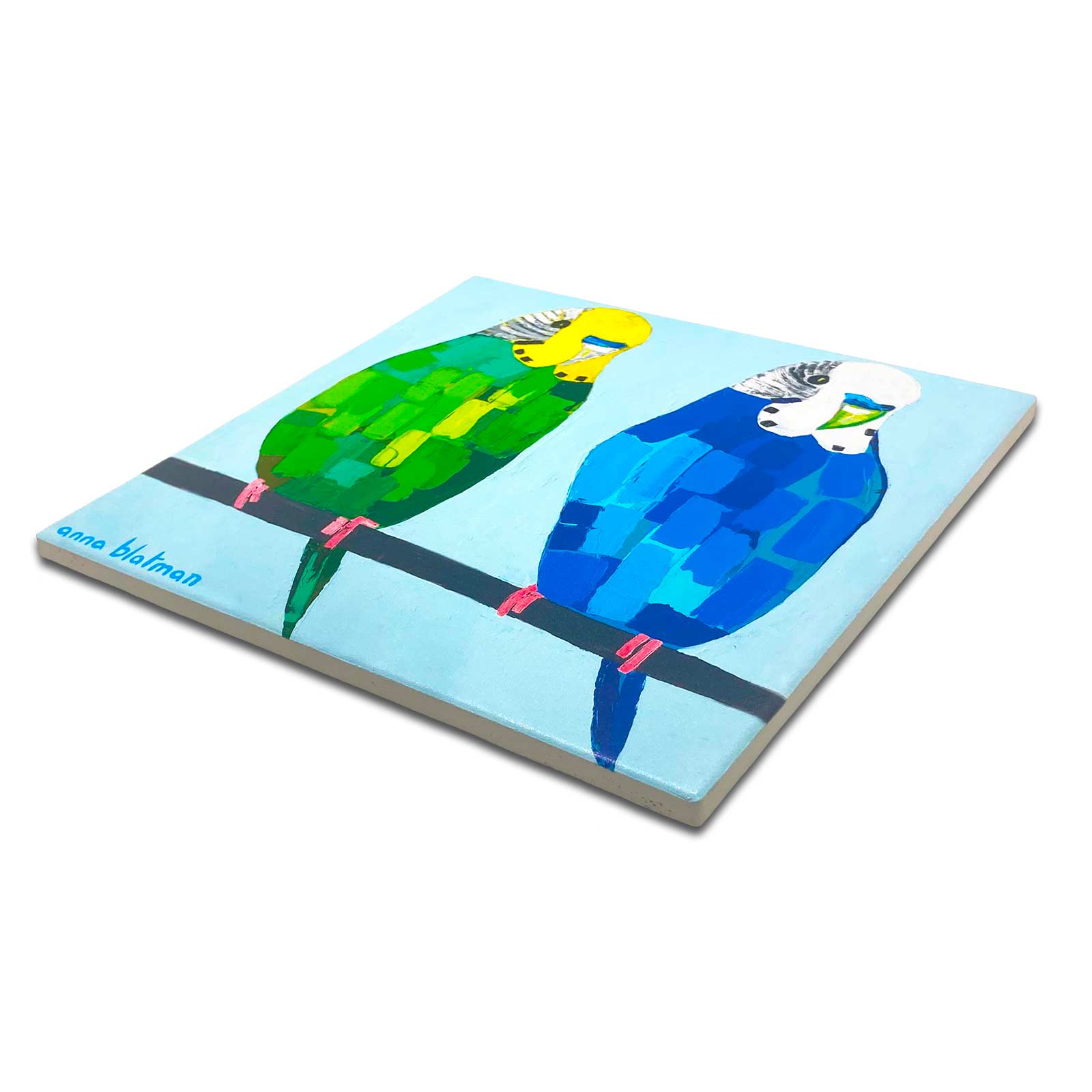 Australian Artist Anna Blatman Byron & Bruno Dolomite Stone Absorbent Trivet - Budgies