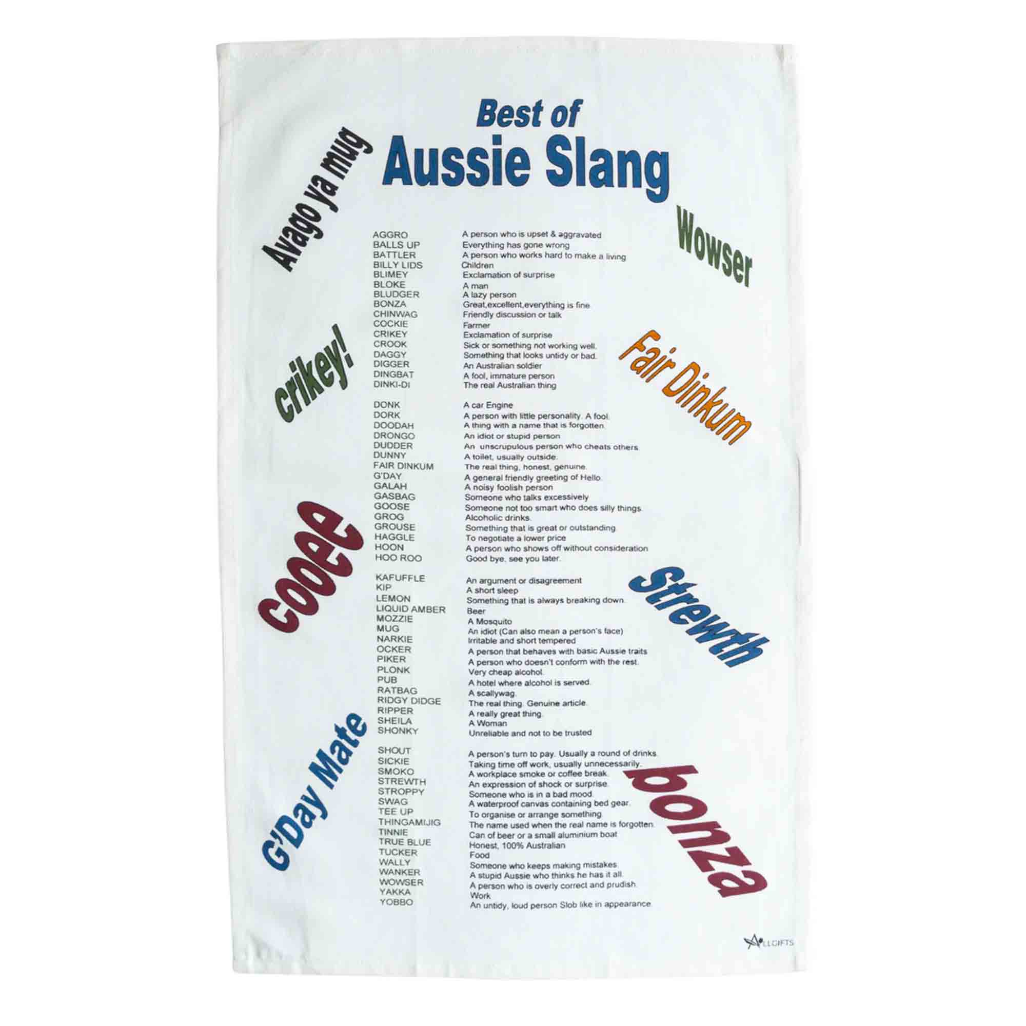 Tea towel with Australian slang words and definitions on a white background