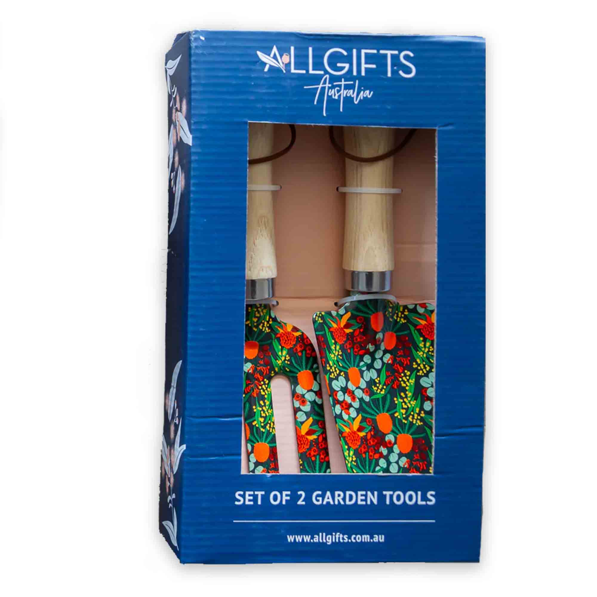 Packaged set of 2 garden tools with floral design in AllGifts Australia box