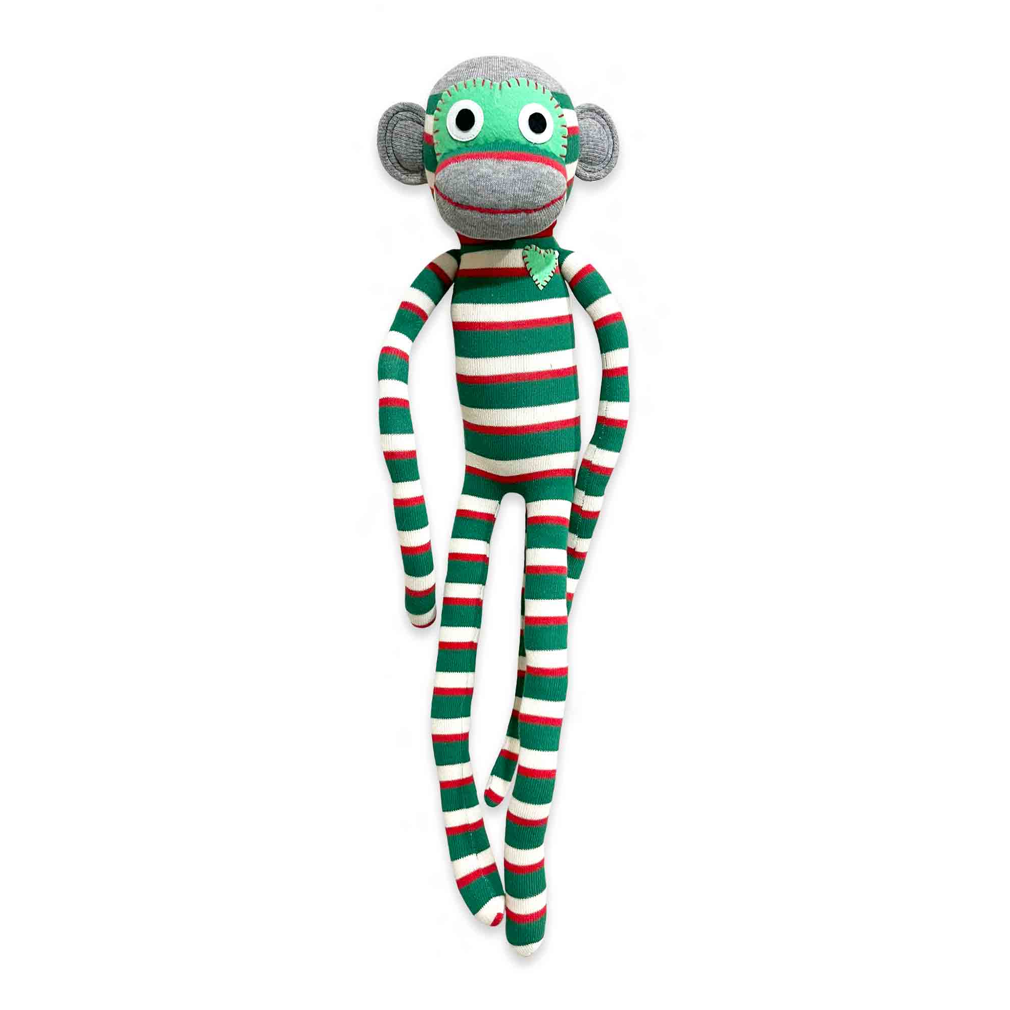 Striped sock monkey toy on a white background
