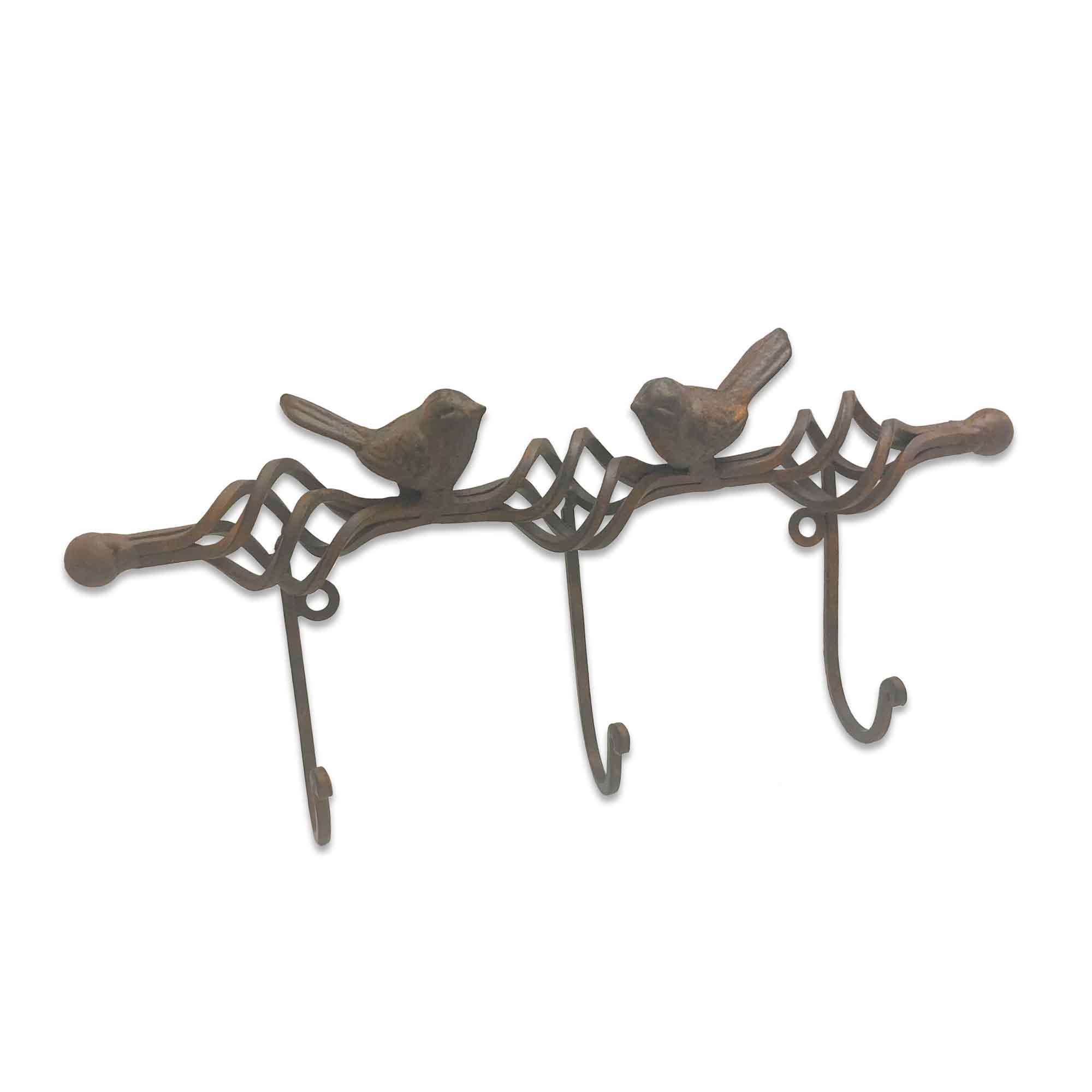 Decorative metal wall hook with bird designs on a white background