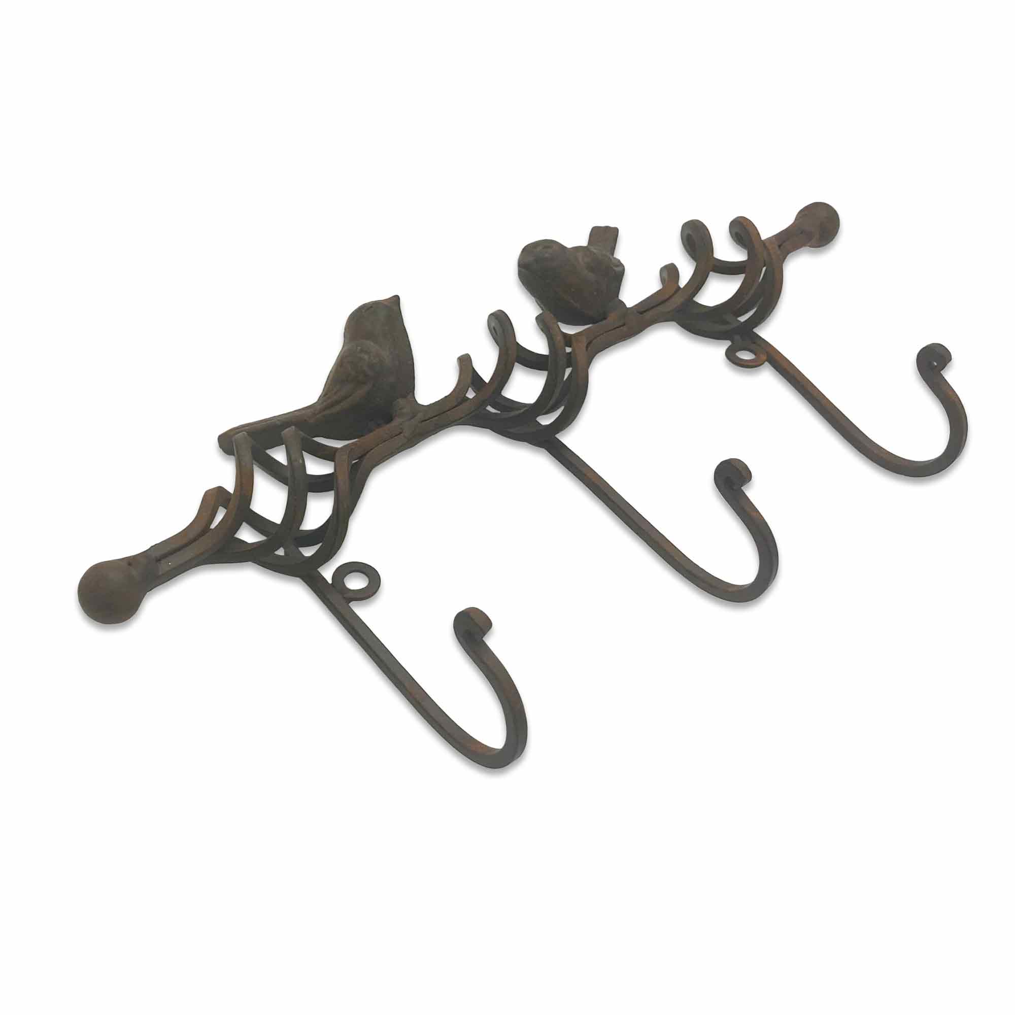 Decorative metal wall hook with bird design on a white background