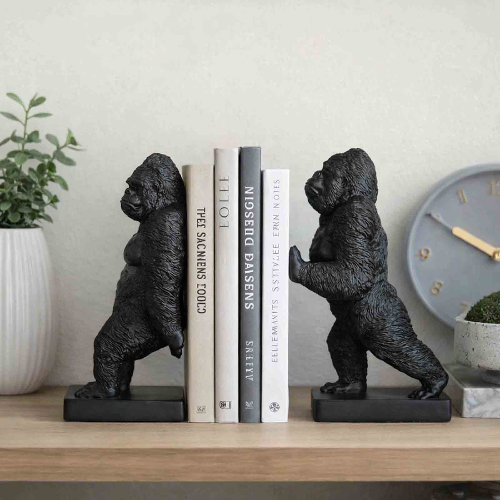 Black gorilla bookends holding books on a shelf with decorative items.