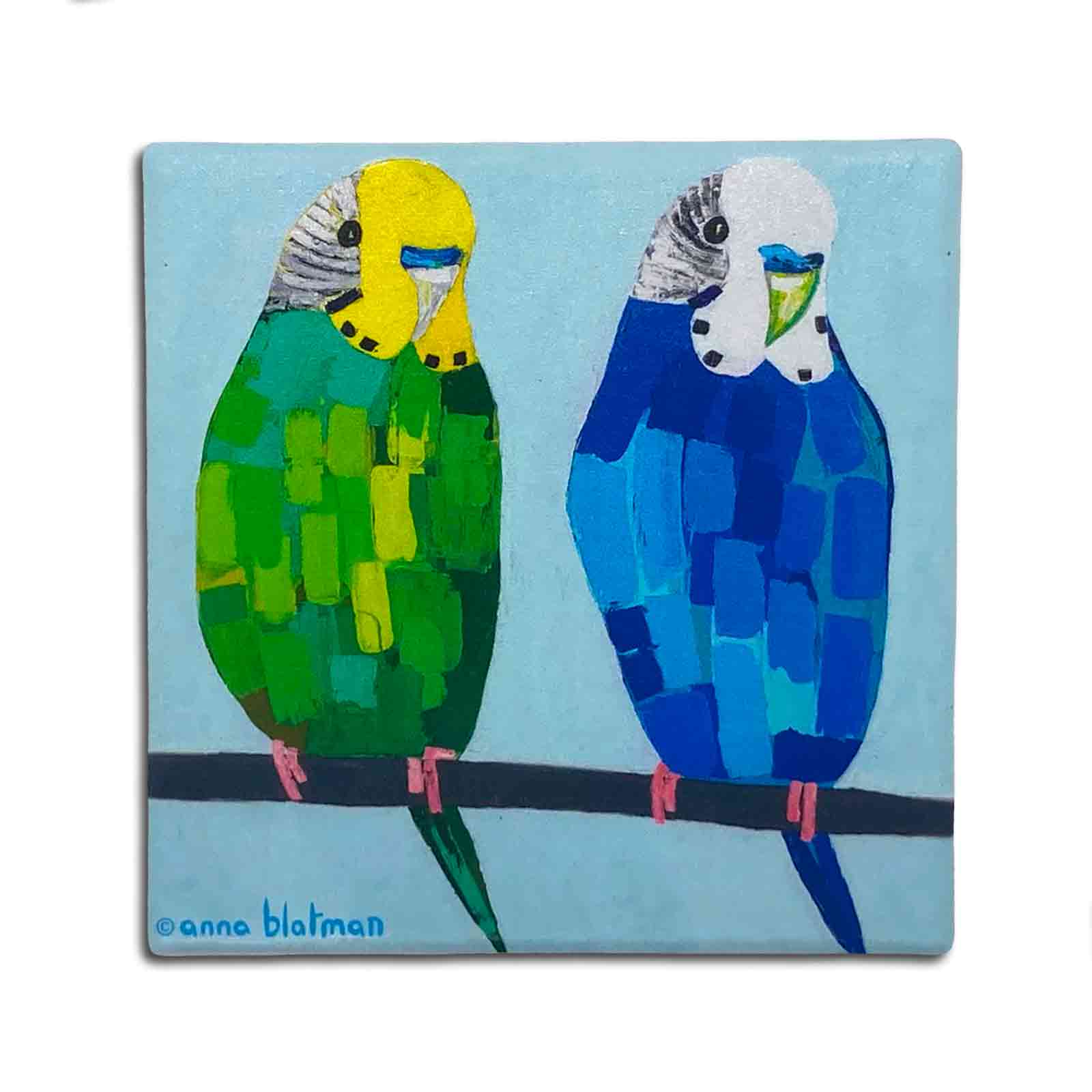 Budgies by Anna Blatman Set of 4 Dolomite Stone Absorbent Coasters