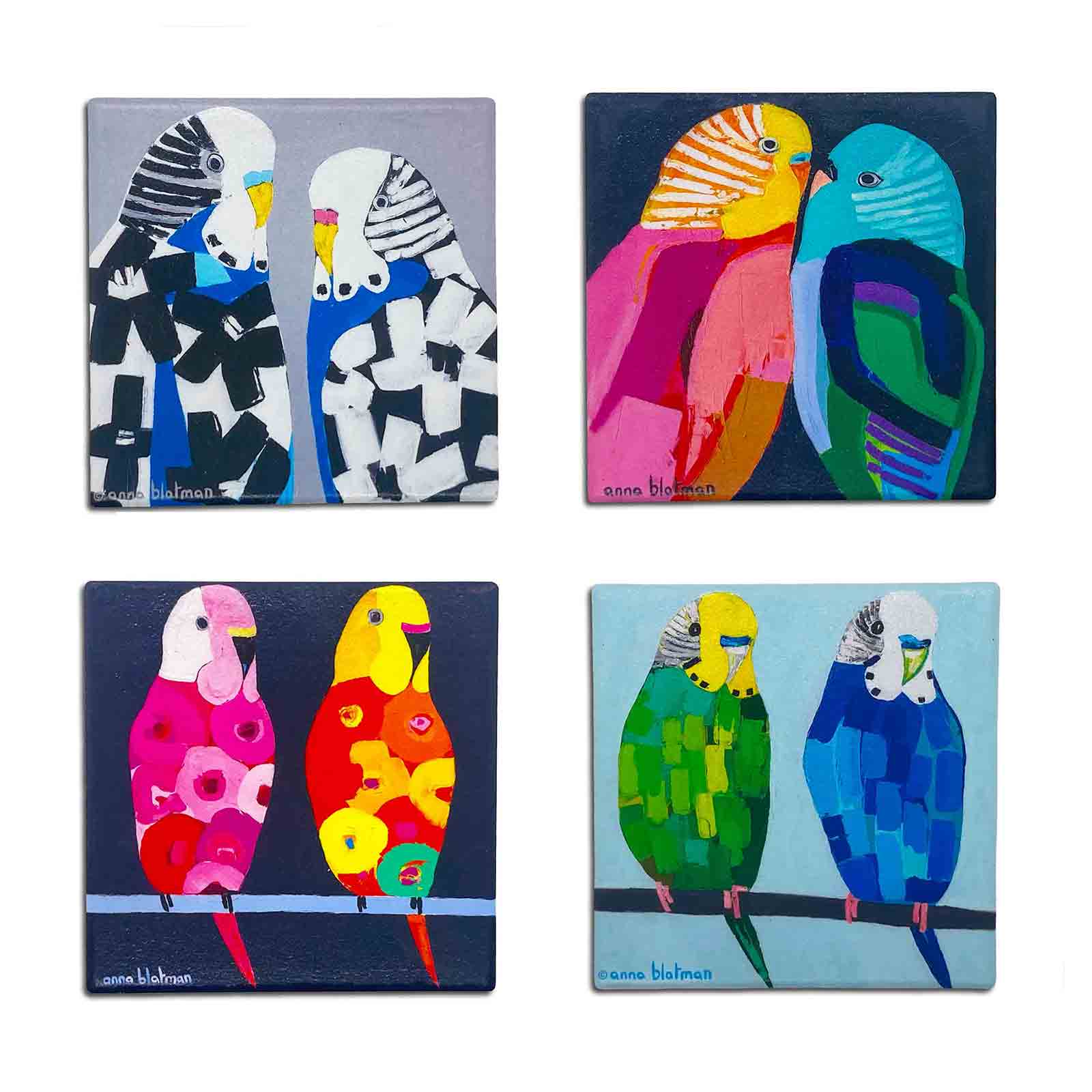 Budgies by Anna Blatman Set of 4 Dolomite Stone Absorbent Coasters