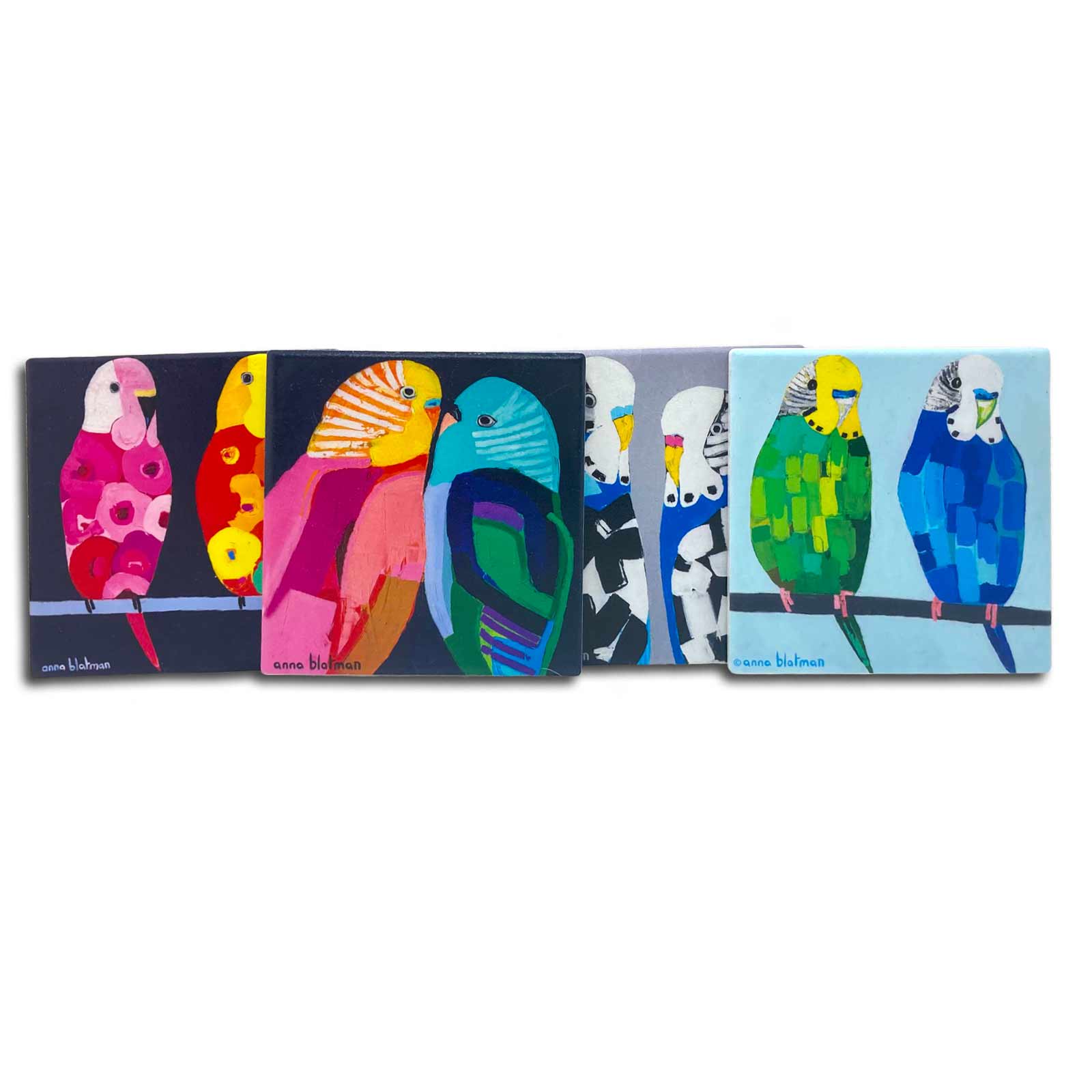Budgies by Anna Blatman Set of 4 Dolomite Stone Absorbent Coasters