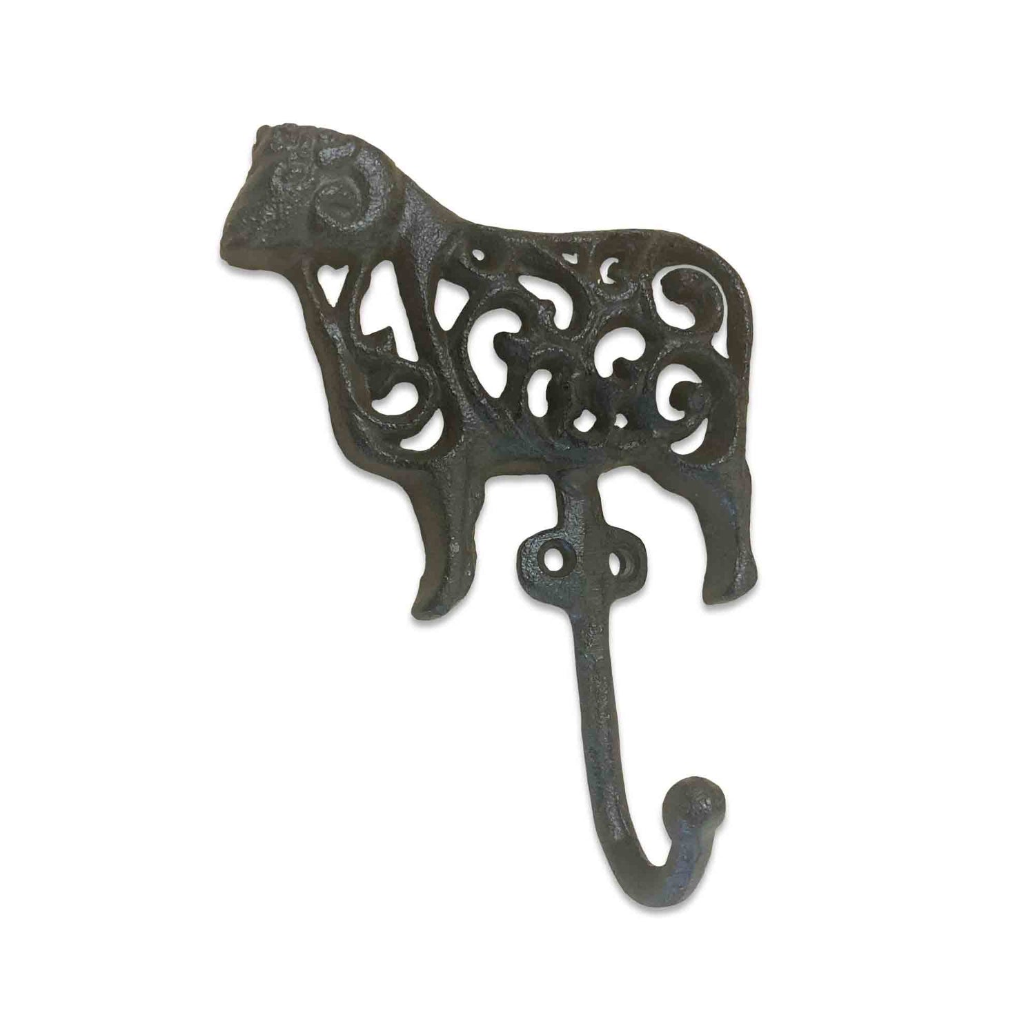 Decorative metal hook shaped like a sheep on a white background