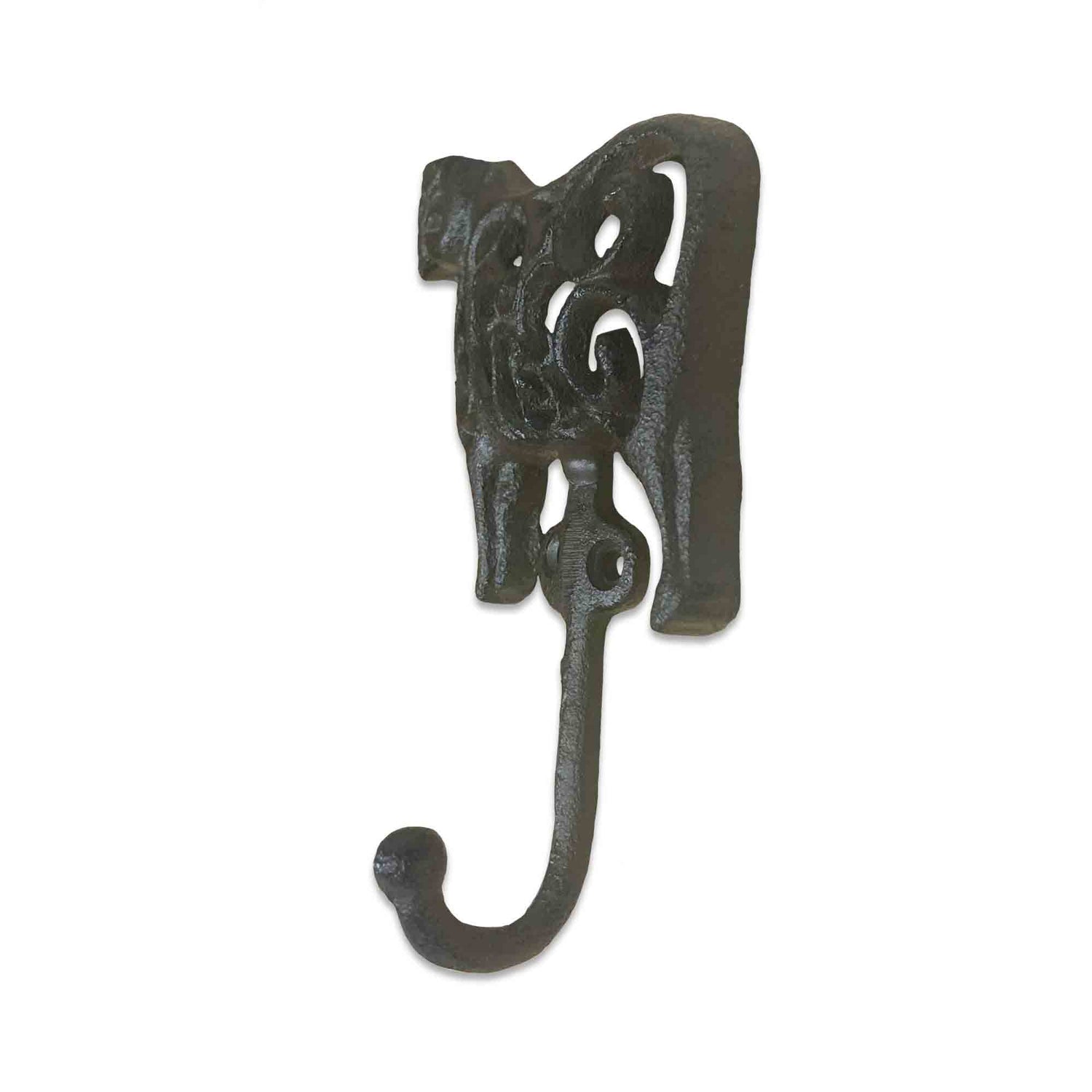 Decorative metal hook with intricate design on a white background