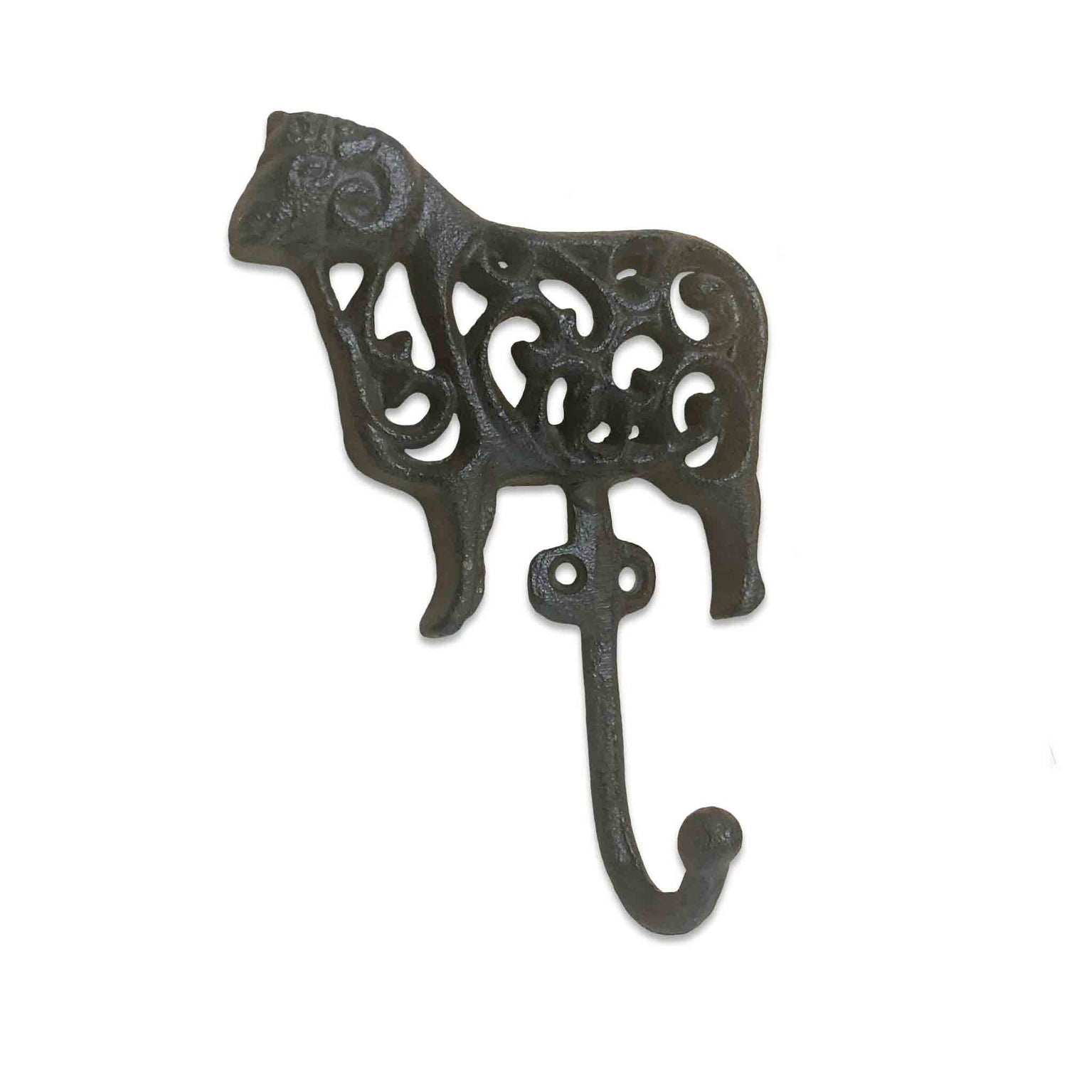 Decorative metal hook shaped like a sheep on a white background