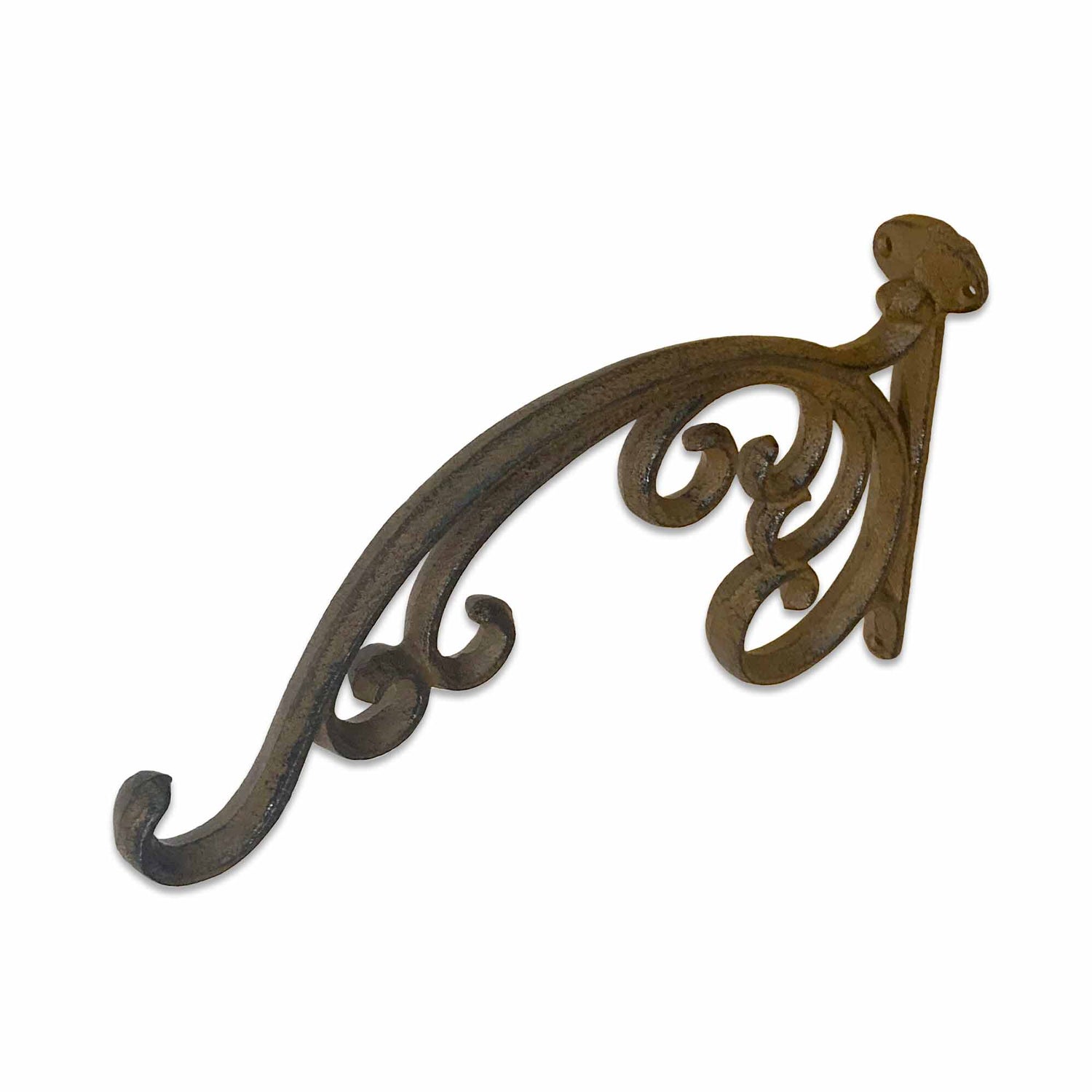 Decorative metal bracket with intricate design on a white background