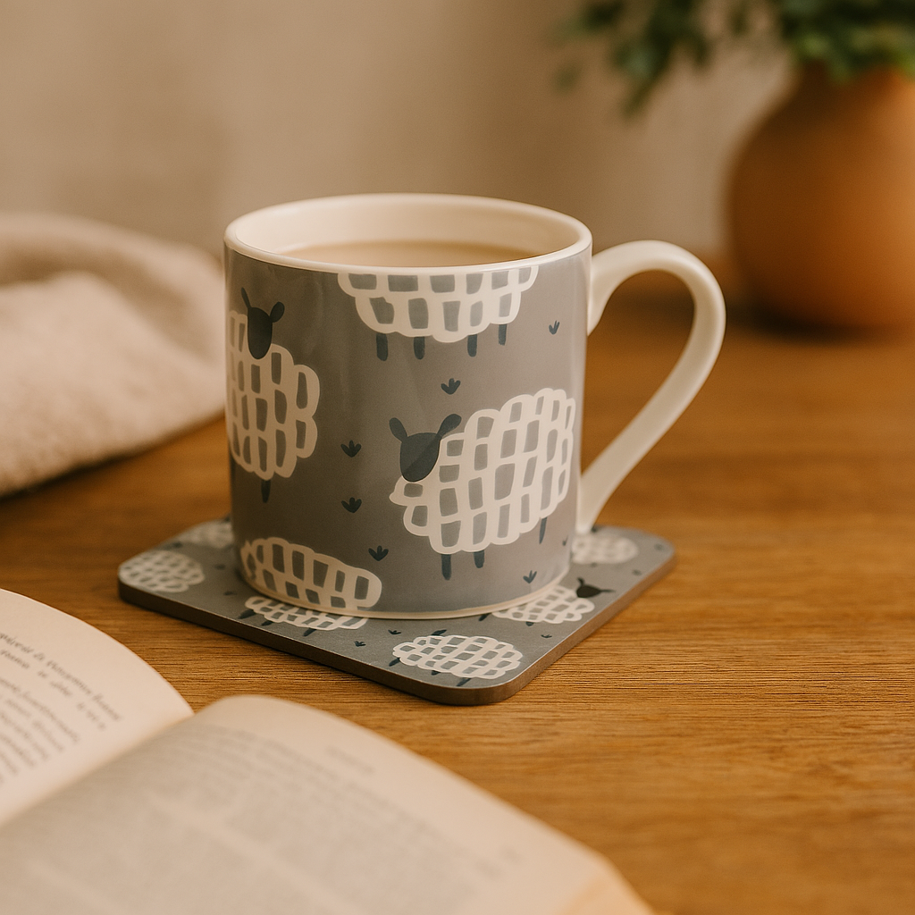 Gray mug with sheep pattern on a wooden table with an open book