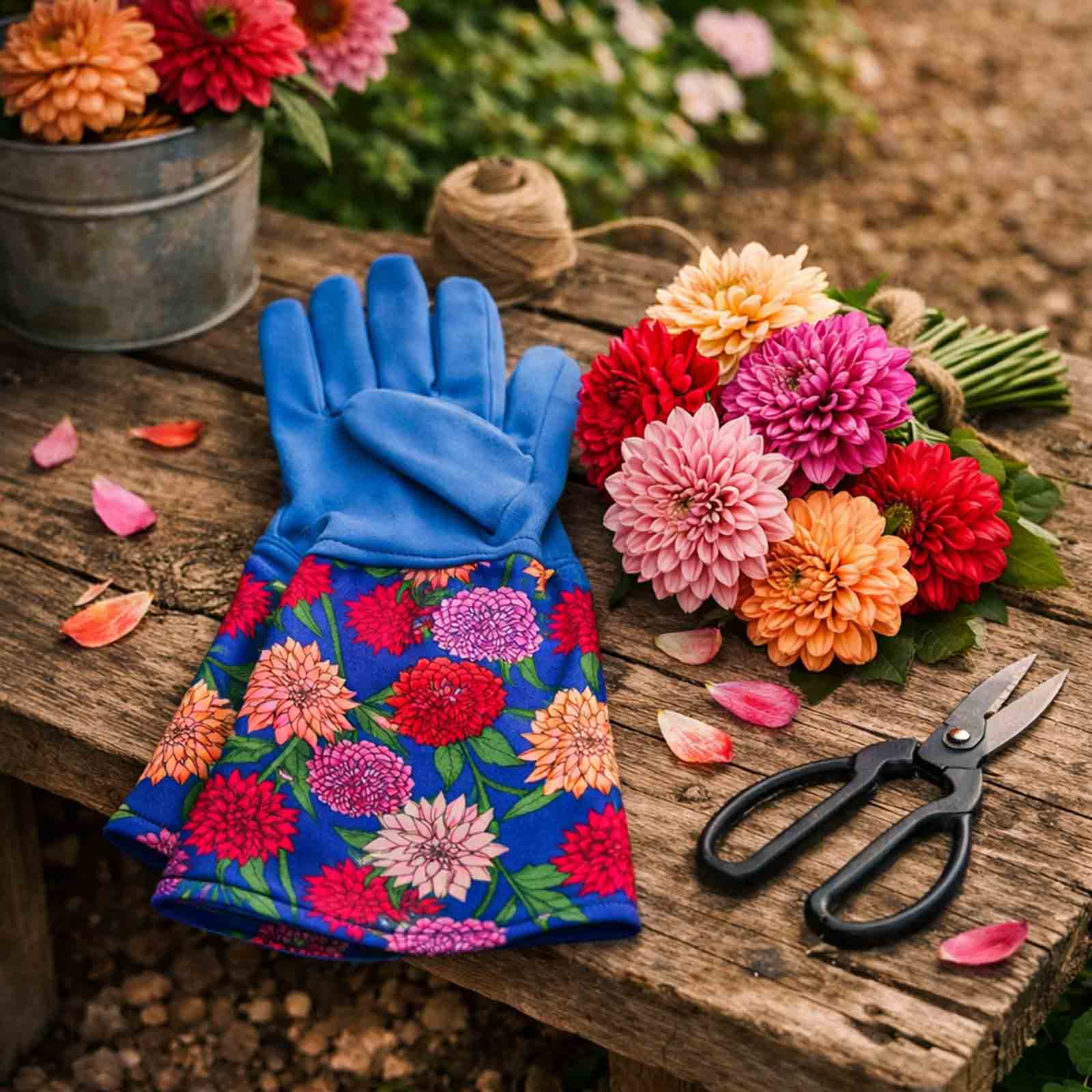 Dahlia patterned gardening gloves on a wooden bench next to flowers