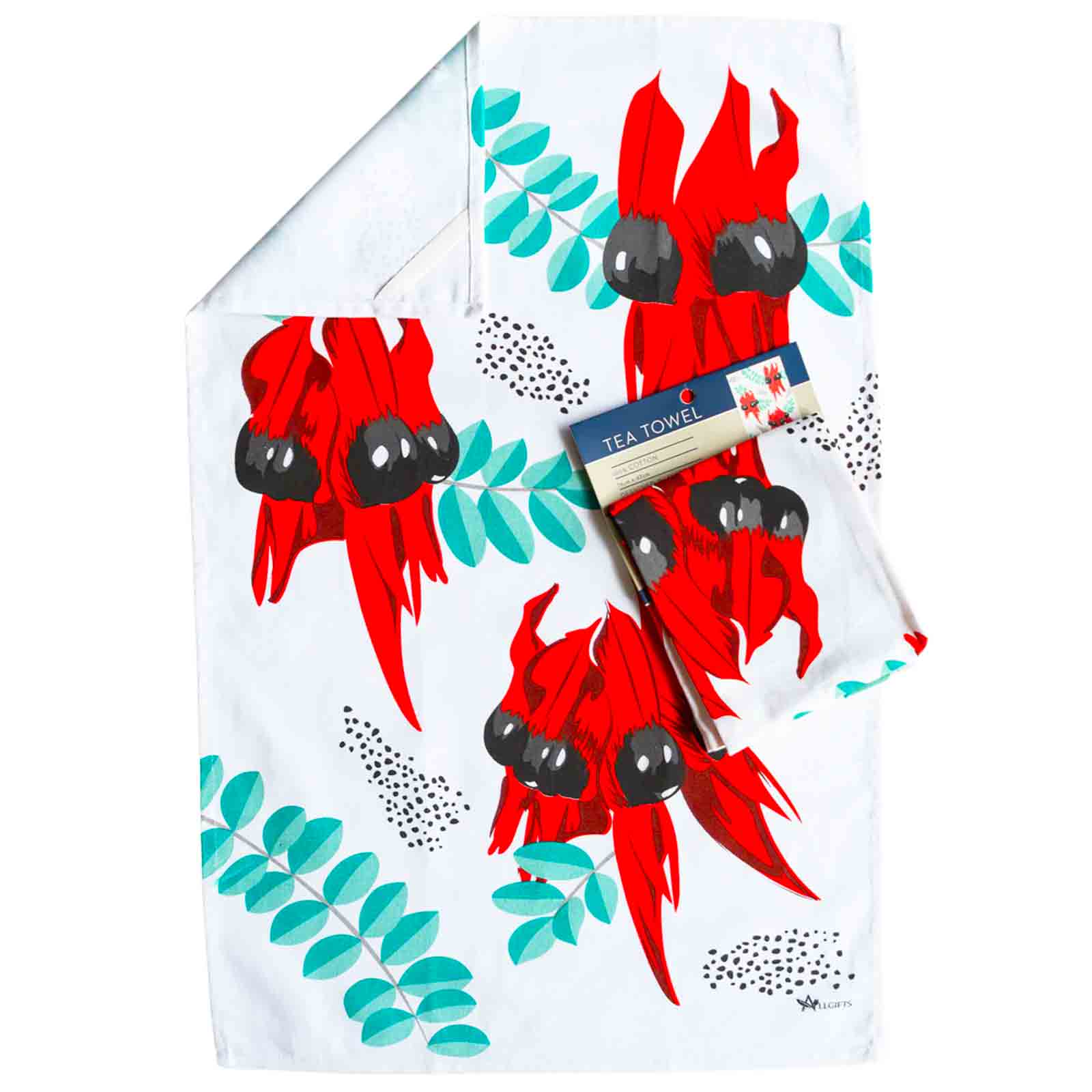 100% Cotton Tea towel with red and black Sturt Desert Pea floral design on a white background