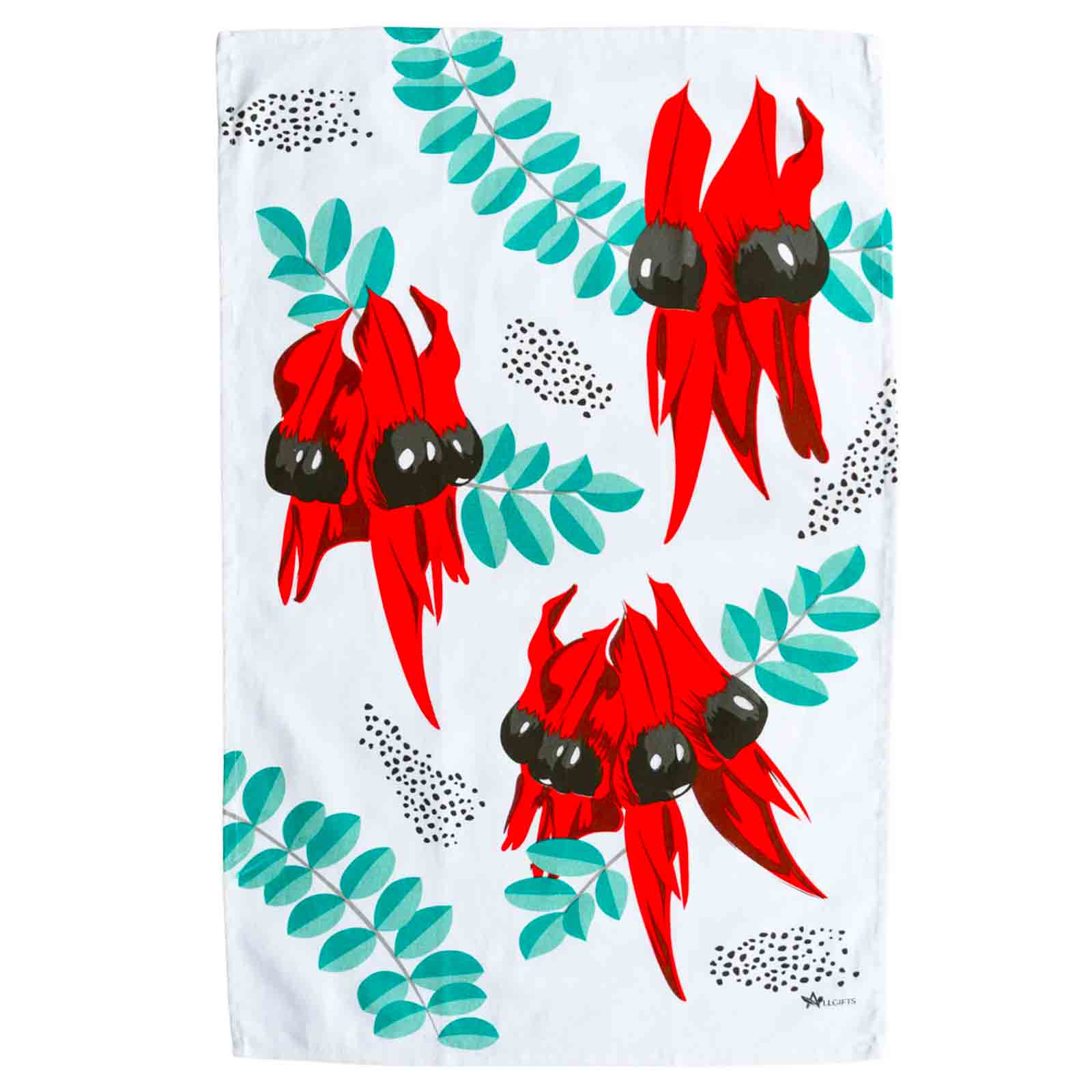 100% Cotton Tea towel with red and black Sturt Desert Pea floral design on a white background