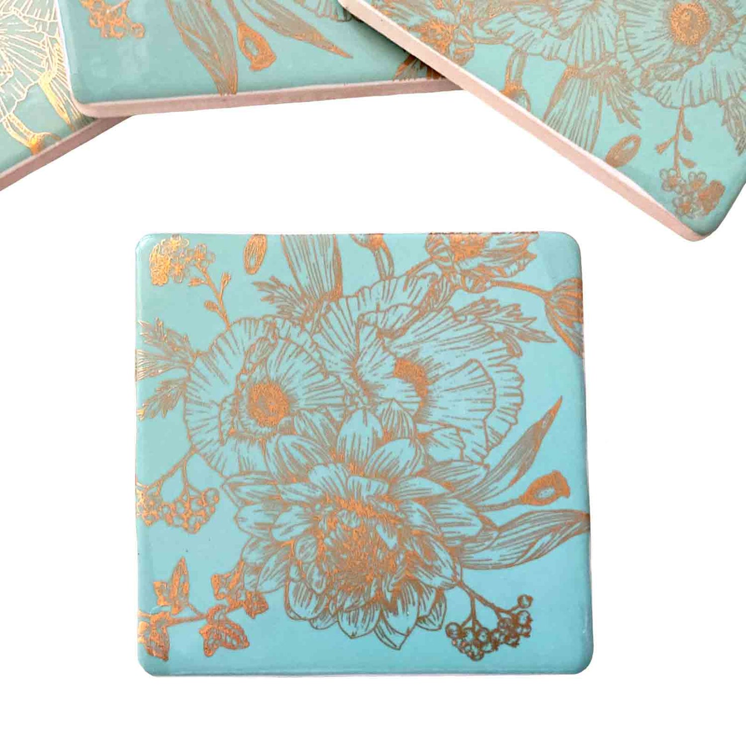 Green Florabella Bone China Set of 4 Coasters