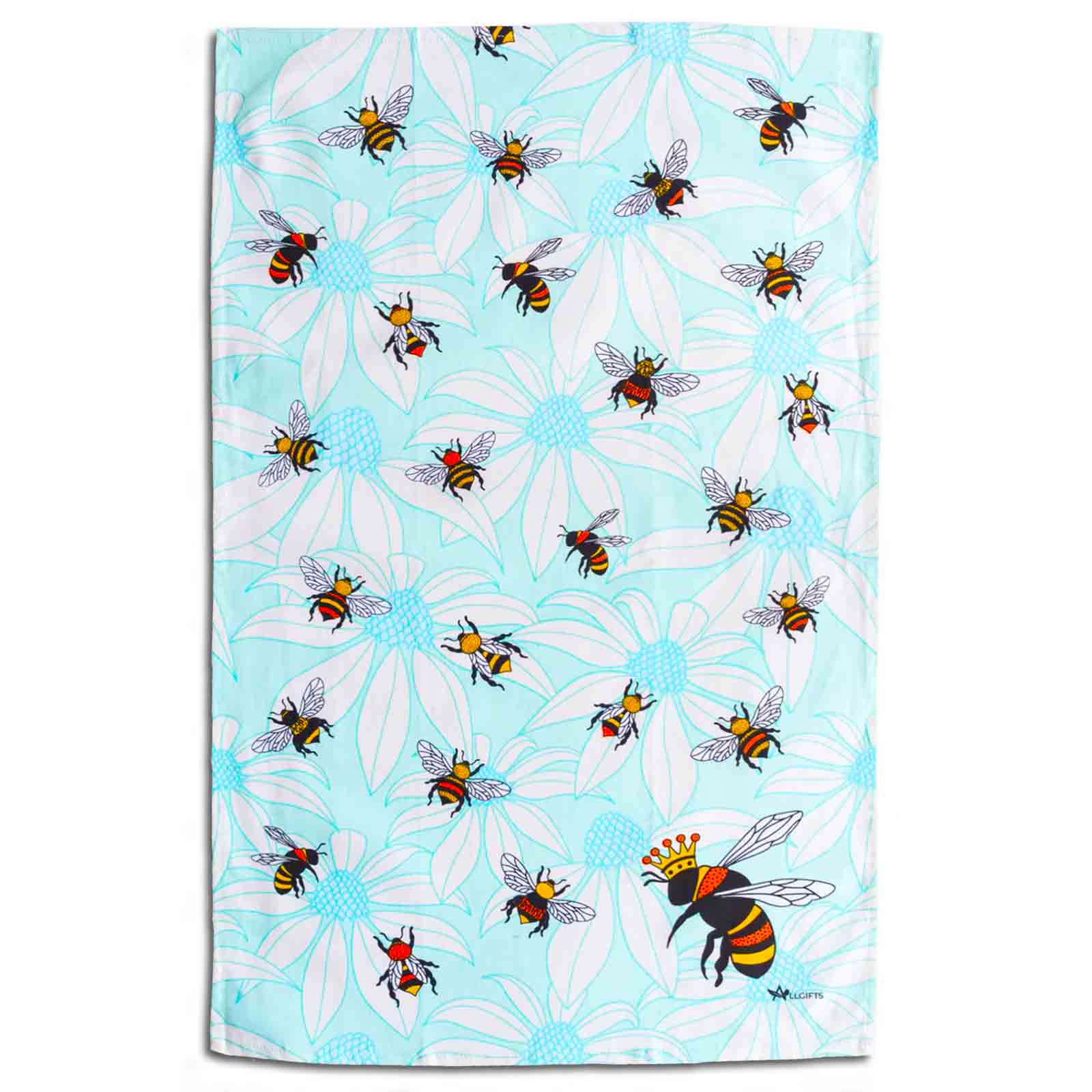 Tea towel with bee and flower pattern on a light blue background