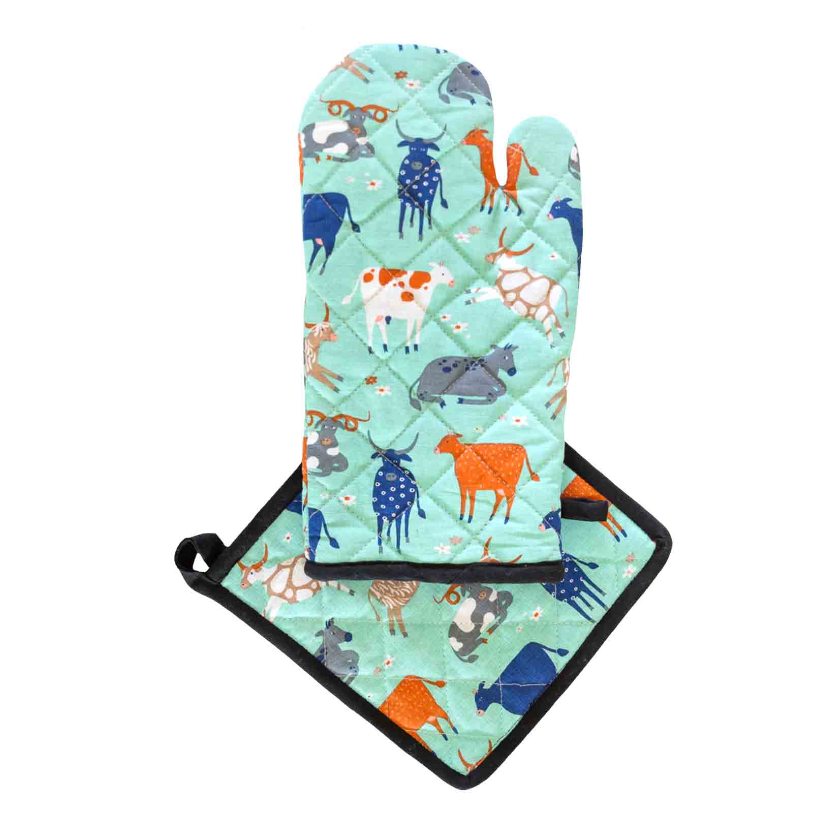 Green Cow 100% Cotton Pot Holder and Oven Mitt Set