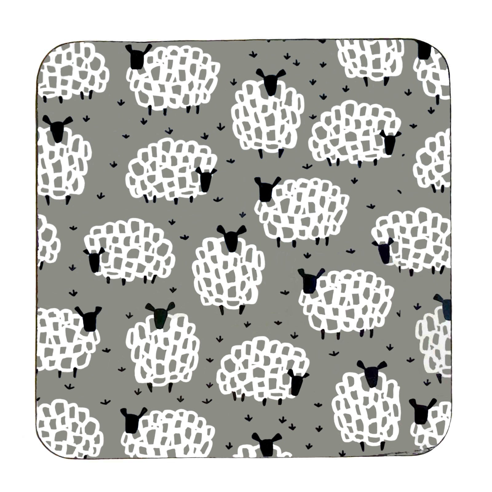 Pattern of white sheep with black faces on a grey background