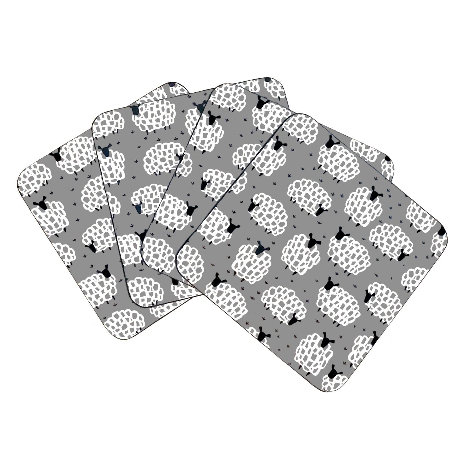 Set of four coasters with a sheep pattern on grey background