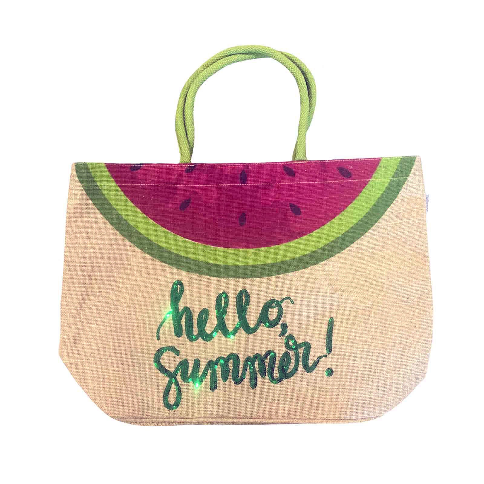 Hello Summer WATERMELON Sequin Jute Beach Bag Tote