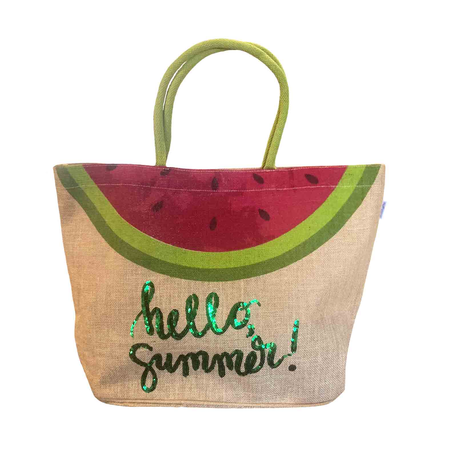 Hello Summer WATERMELON Sequin Jute Beach Bag Tote