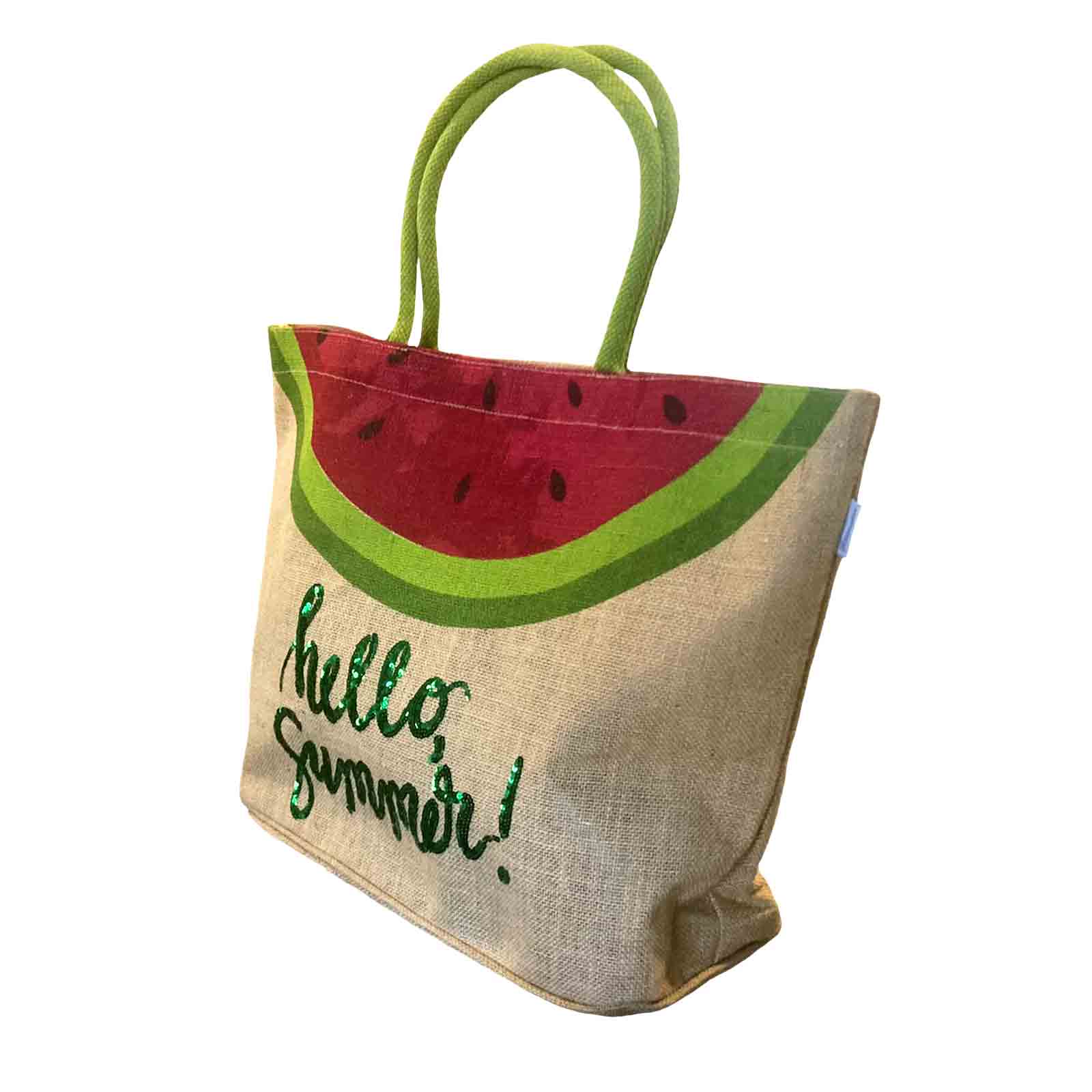 Hello Summer WATERMELON Sequin Jute Beach Bag Tote