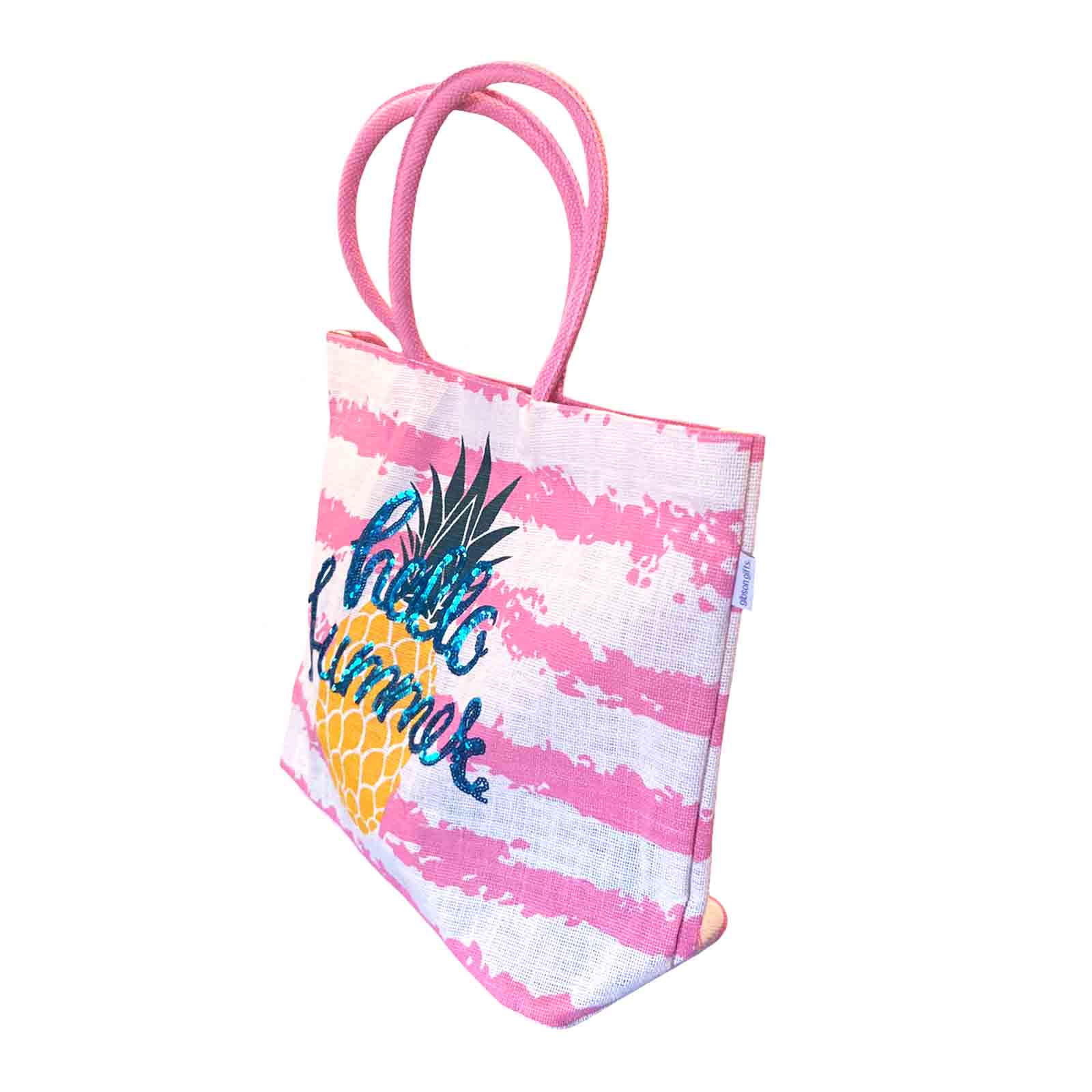 Striped Hello Summer Sequin Jute Beach Bag Tote
