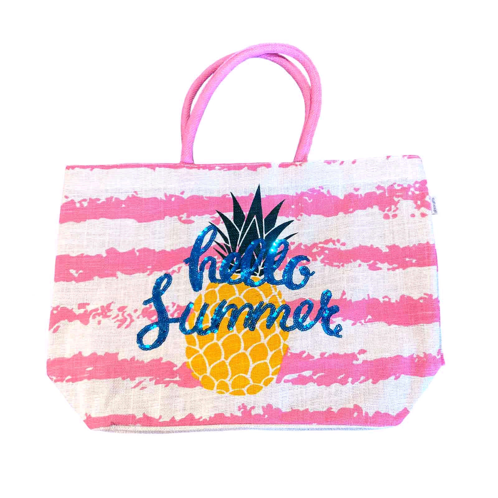 Striped Hello Summer Sequin Jute Beach Bag Tote