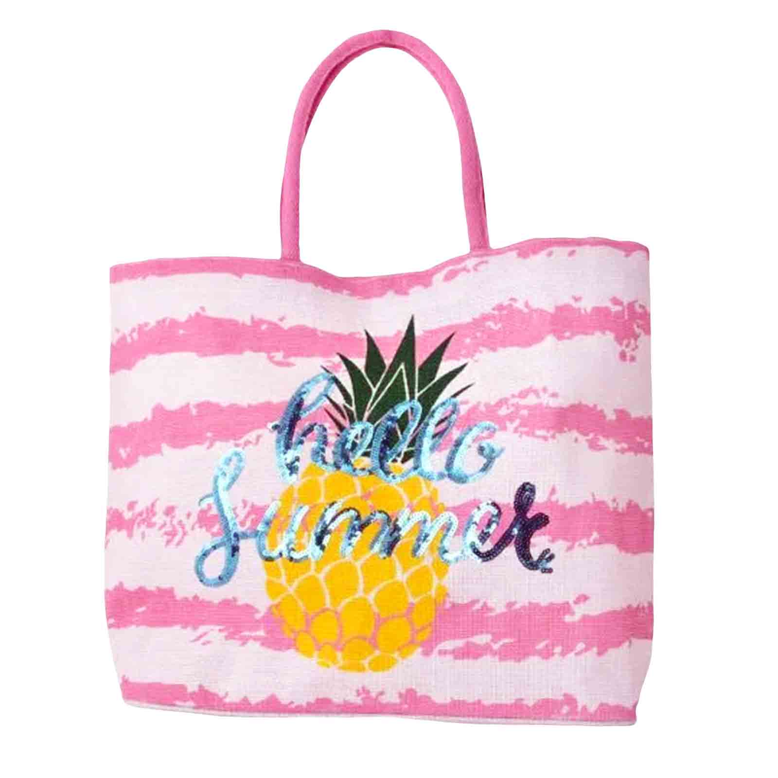 Striped Hello Summer Sequin Jute Beach Bag Tote