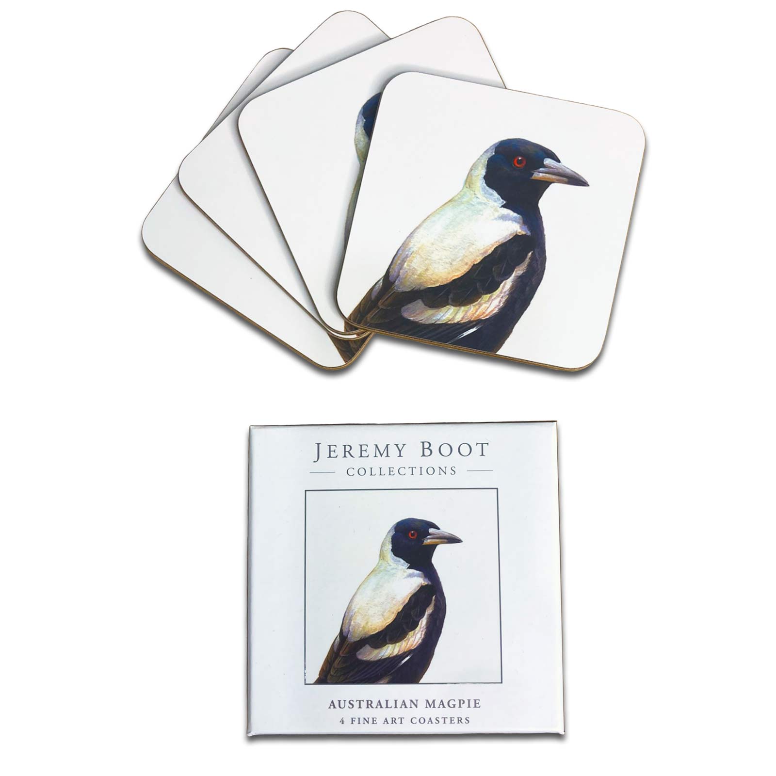 Jeremy Boot Collections Set of 4 Gift Box Australian Magpie Fine Art Australian Birds Coasters