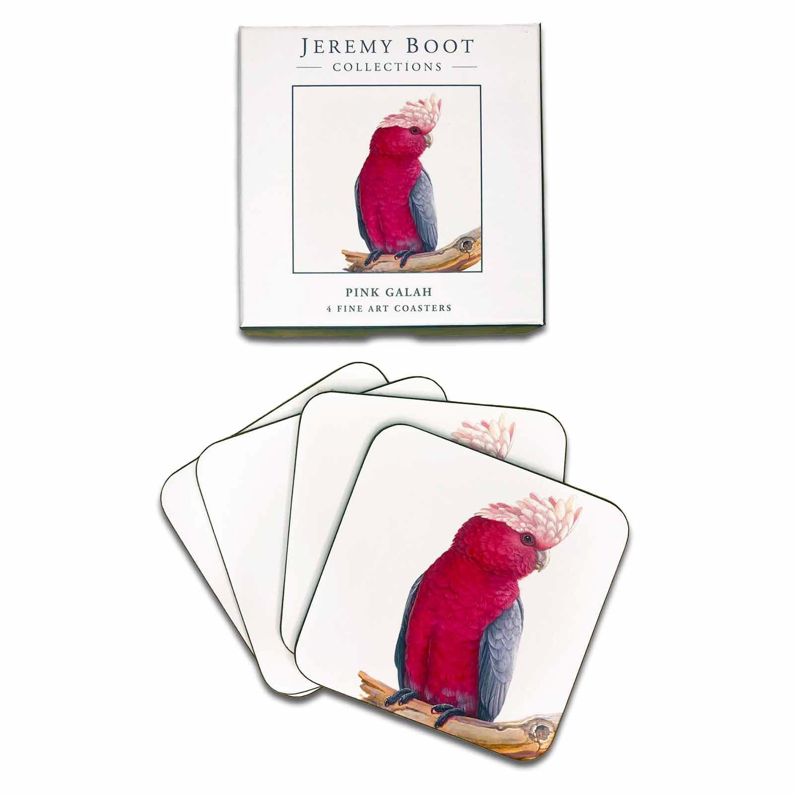 Jeremy Boot Collections Set of 4 Gift Boxed Pink Galah Fine Art Coasters Australian Birds