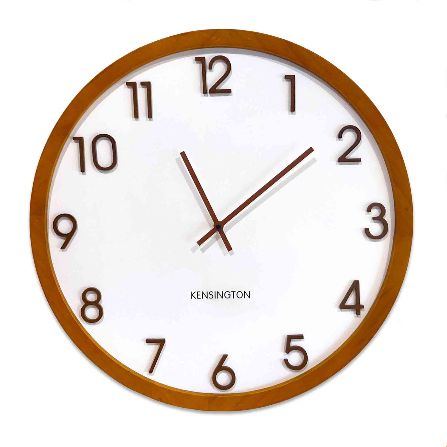 Kensington Wood Wall Clock - Brown timber framed clock with a white face and raised brown numbers.