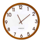 Kensington Wood Wall Clock - Brown timber framed clock with a white face and raised brown numbers.