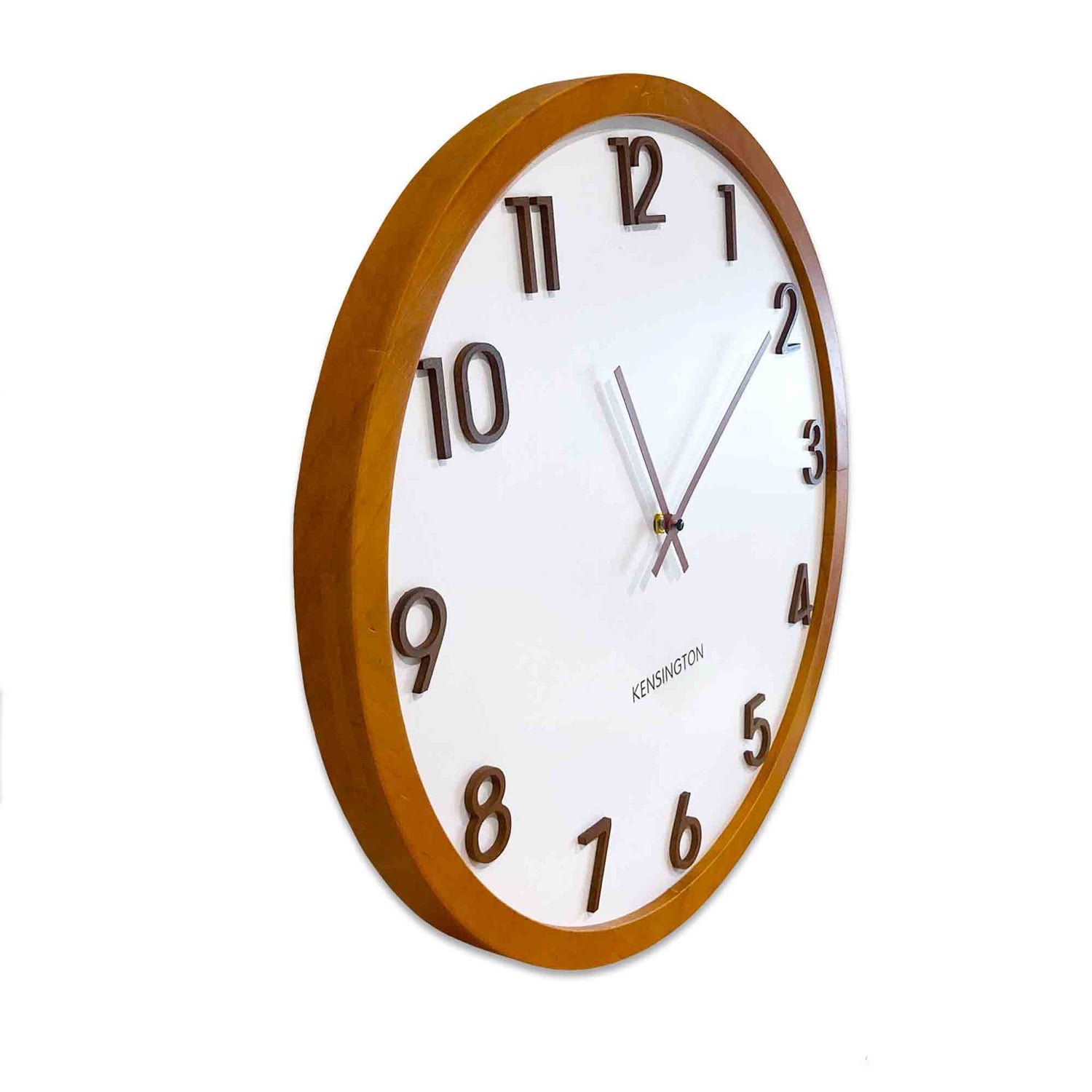 Kensington Wood Wall Clock - Brown timber framed clock with a white face and raised brown numbers.