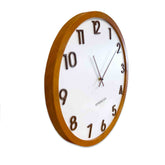 Kensington Wood Wall Clock - Brown timber framed clock with a white face and raised brown numbers.