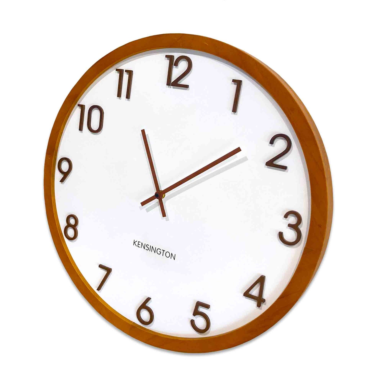 Kensington Wood Wall Clock - Brown timber framed clock with a white face and raised brown numbers.