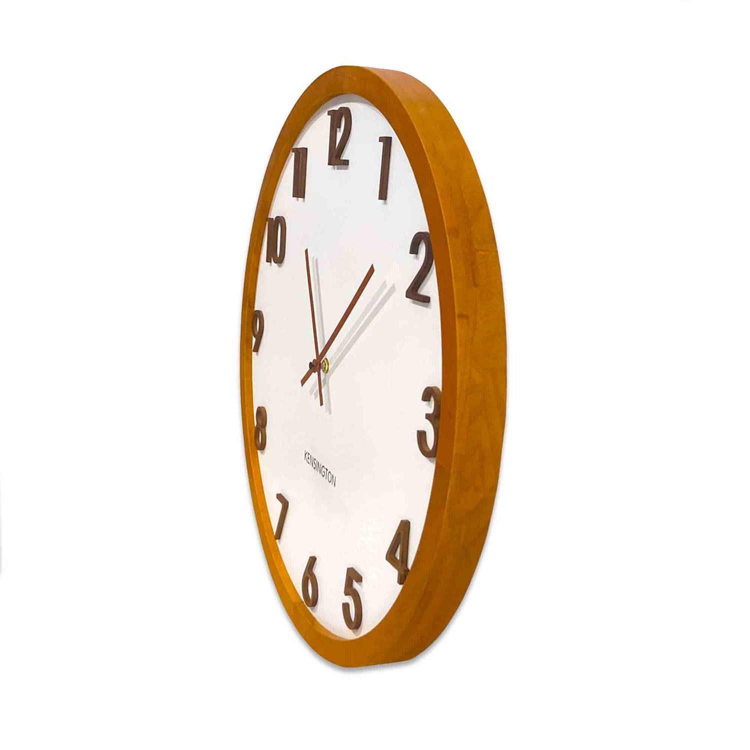 Kensington Wood Wall Clock - Brown timber framed clock with a white face and raised brown numbers.