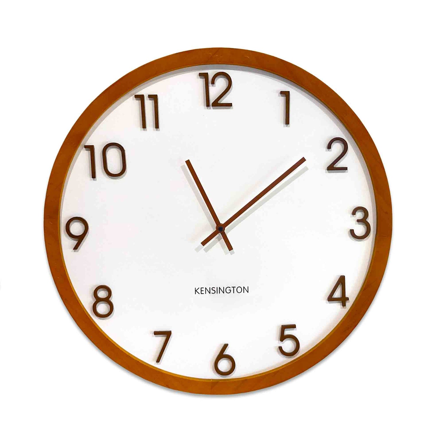 Kensington Wood Wall Clock - Brown timber framed clock with a white face and raised brown numbers.