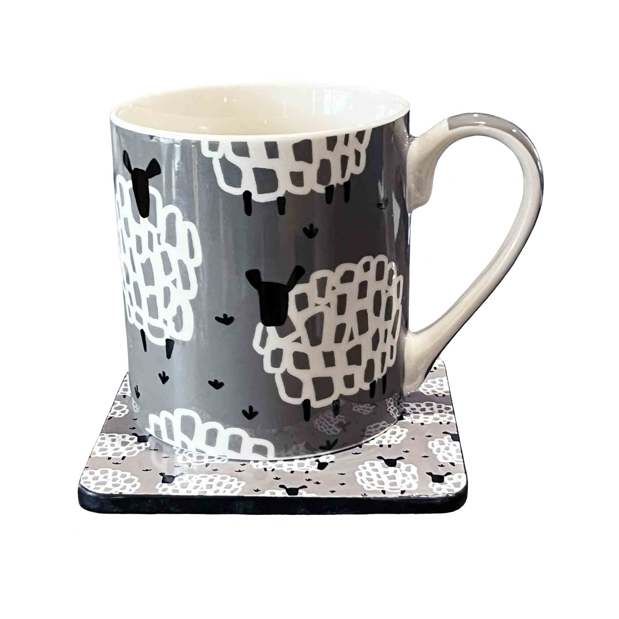 Mug and matching coaster with sheep pattern on a white background