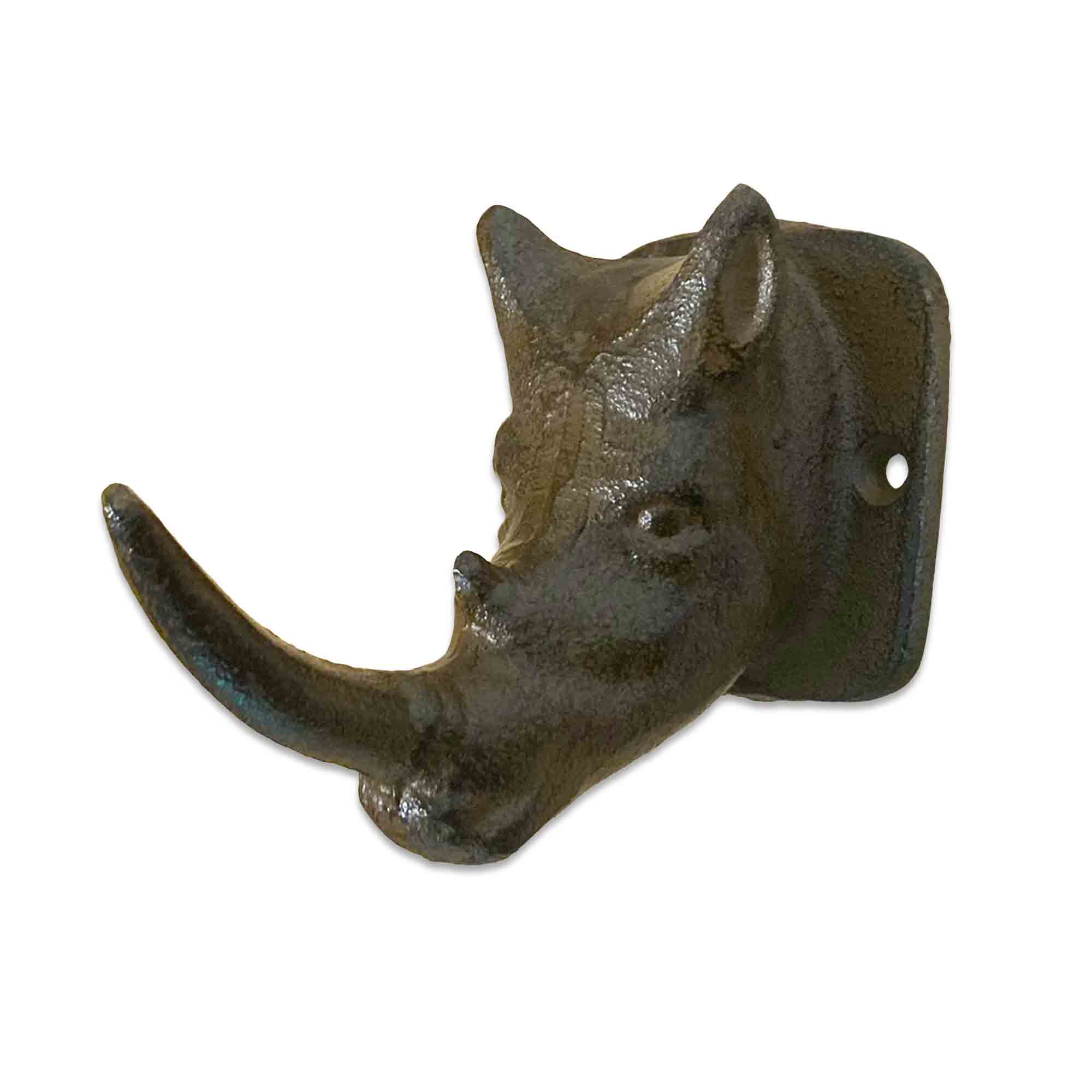 Rustic metal rhinoceros head wall hook on a white background