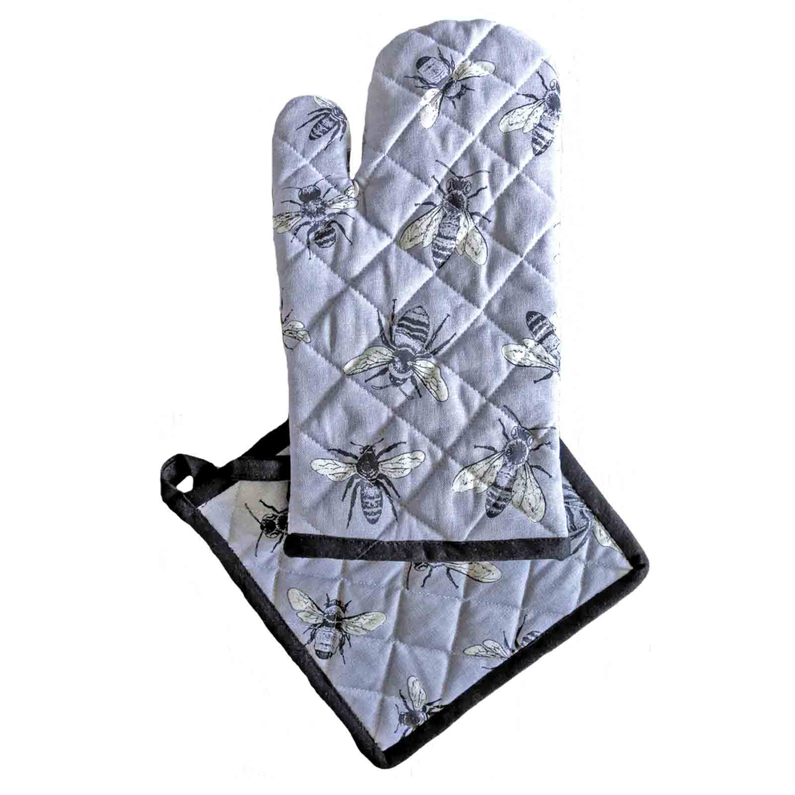 Grey Sketch Bees 100% Cotton Oven Mitt and Pot Holder Set