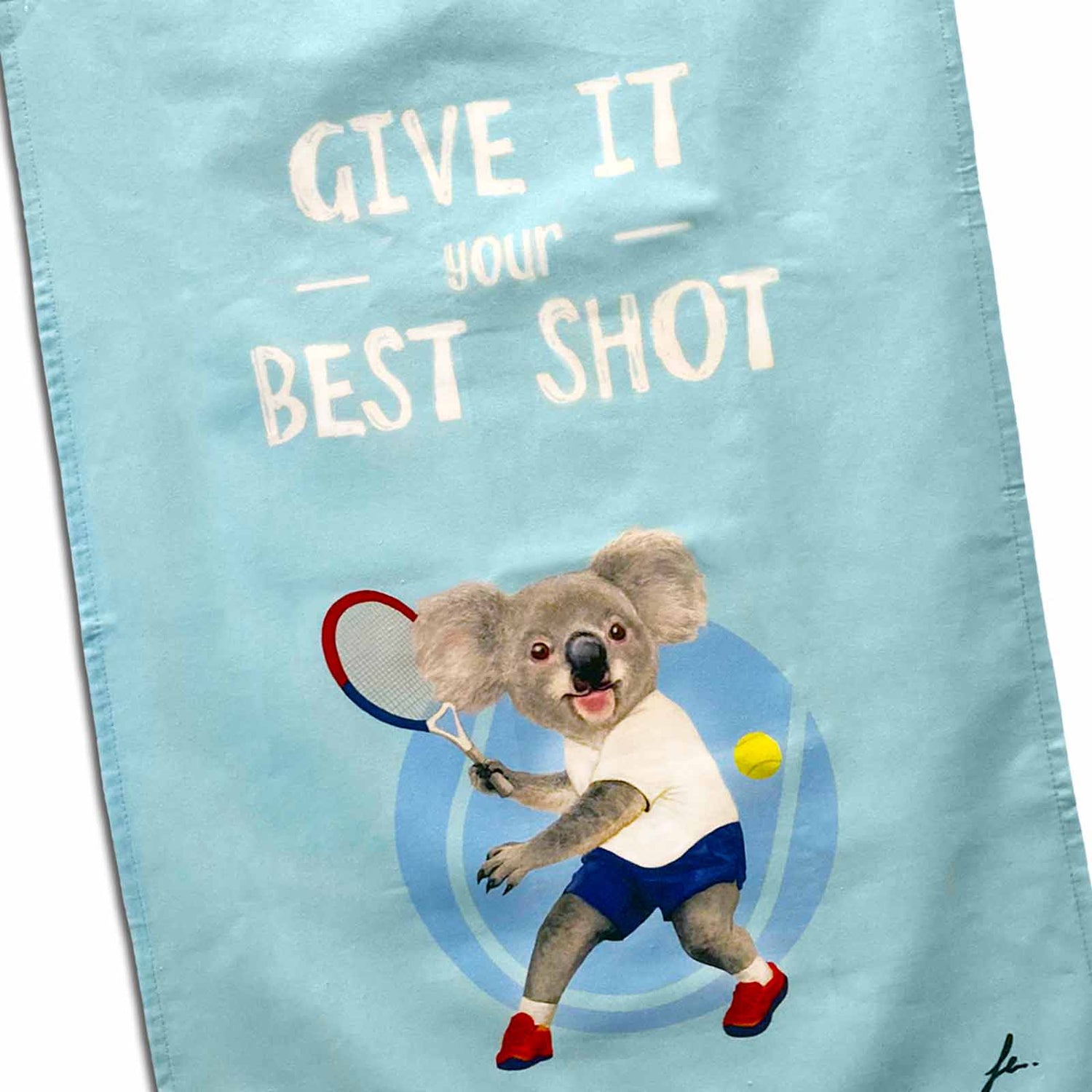 Towel with a koala playing tennis and text &