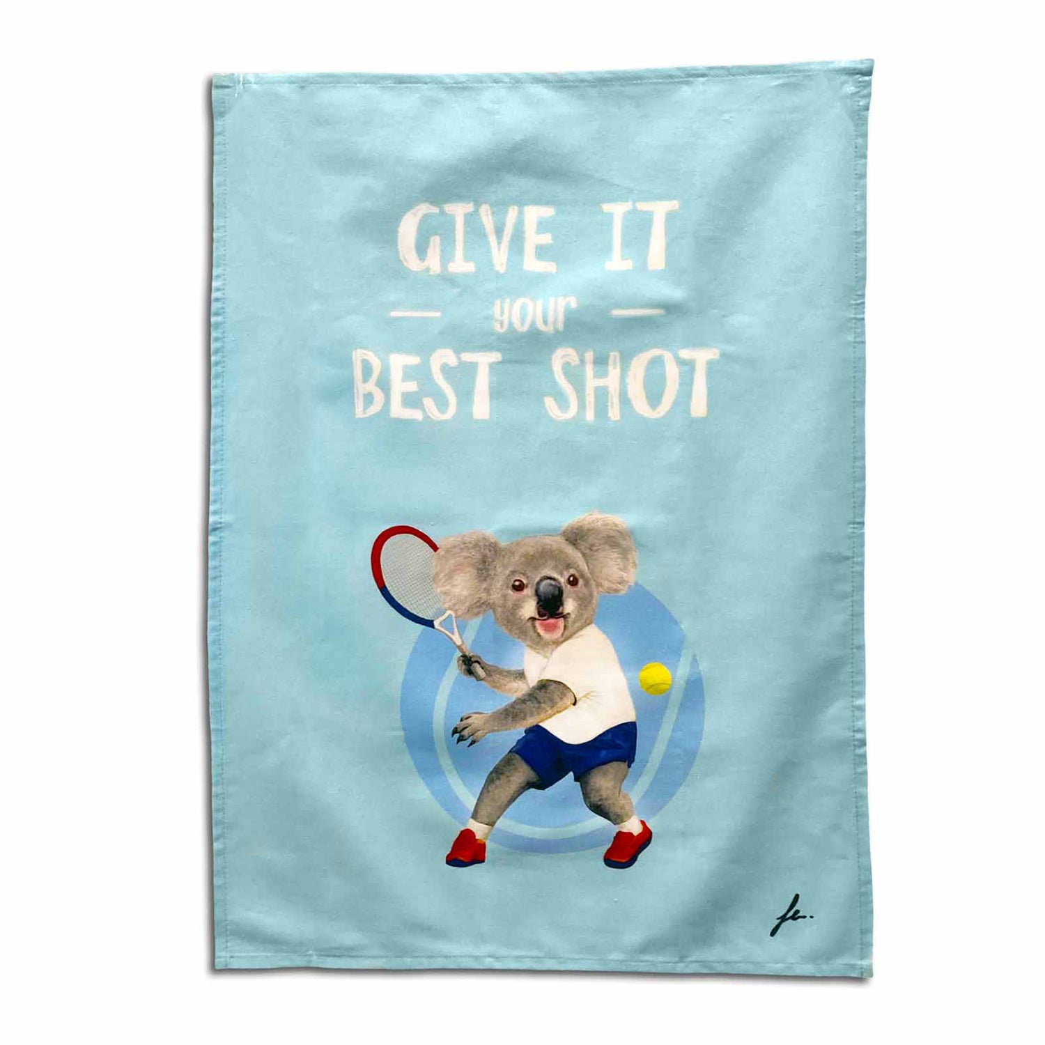 Sporty Koala Cotton Tea Towel - Tennis playing Koala with the words Give It Your Best Shot