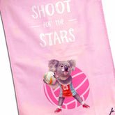 Pink towel with a koala holding a sports ball and &